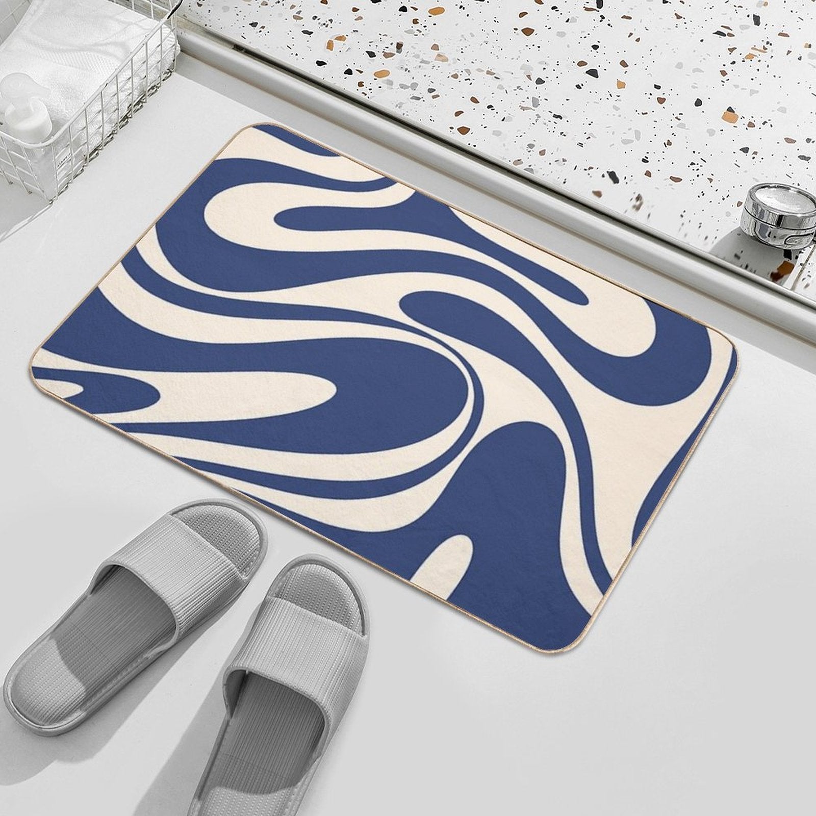 Retro Fantasy Swirl Abstract in Blue And Cream  High-Traffic Bath Mat