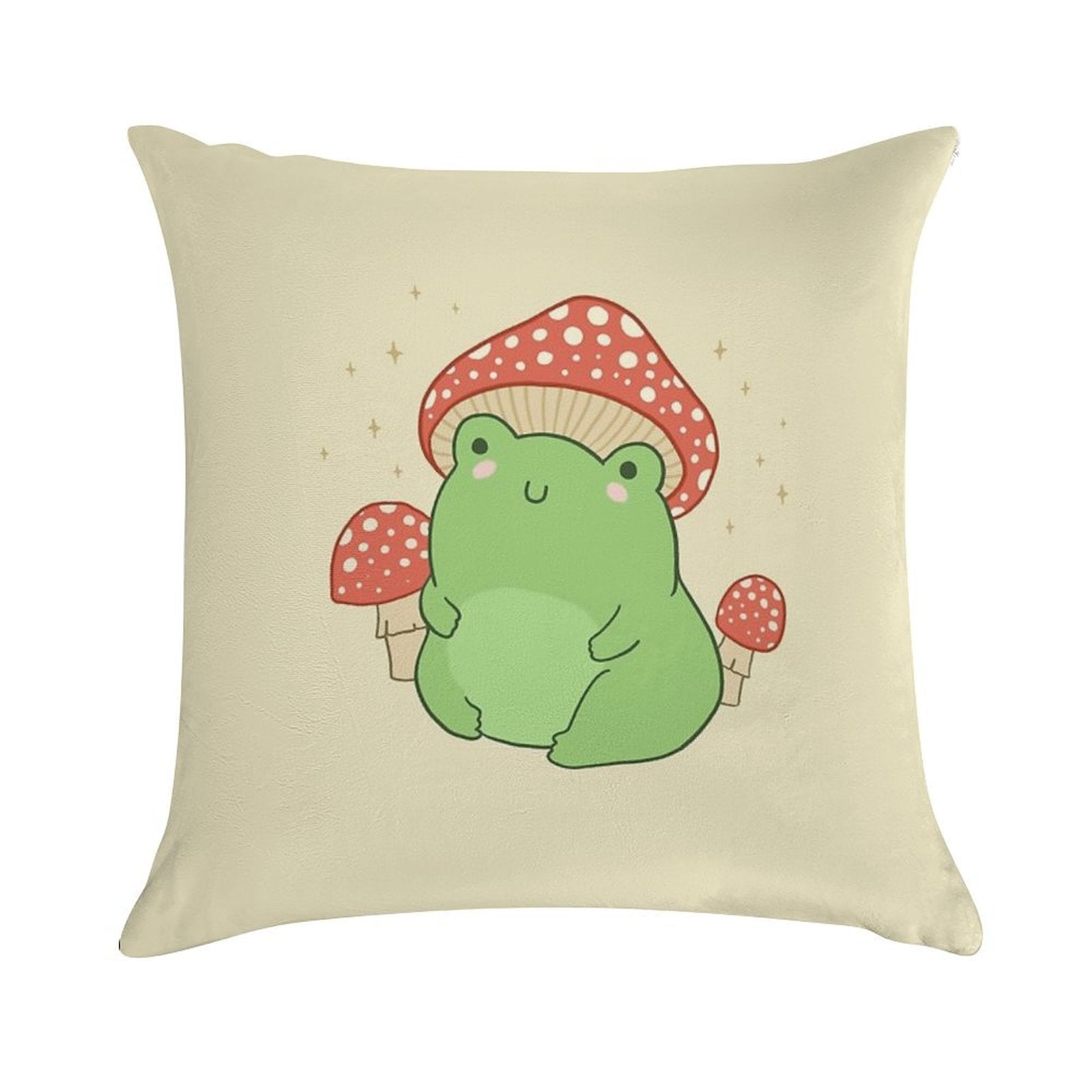 Kawaii Frog with Mushroom Hat Cottagecore Aesthetic Froggy, Chubby Toad in Forest Themed Fantasy Toadstools Soft Hidden Zipper Throw Pillow