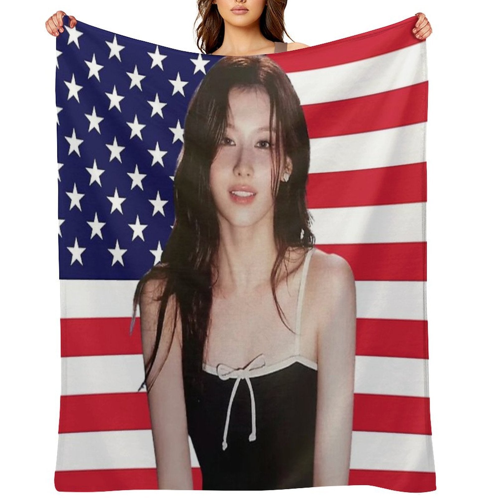 Kpop Sana Twice USA Flag Funny Kpop Easy Care Throw Blanket
