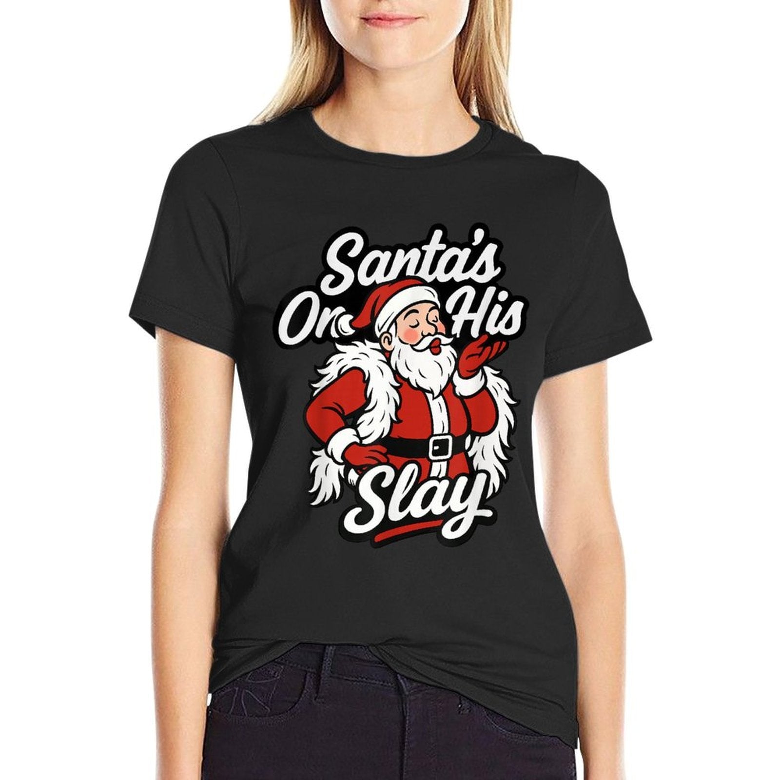Santa On His Slay Christmas Season Party  Rolled Sleeves T-Shirt