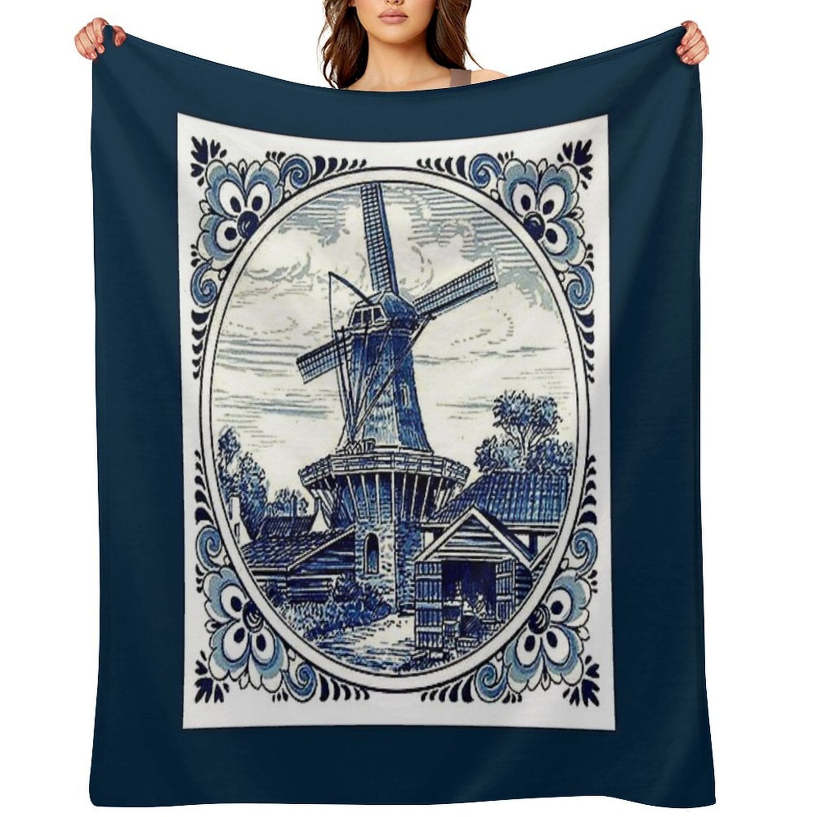 DUTCH BLUE DELFT  Vintage Windmill  Print Sustainable Throw Blanket
