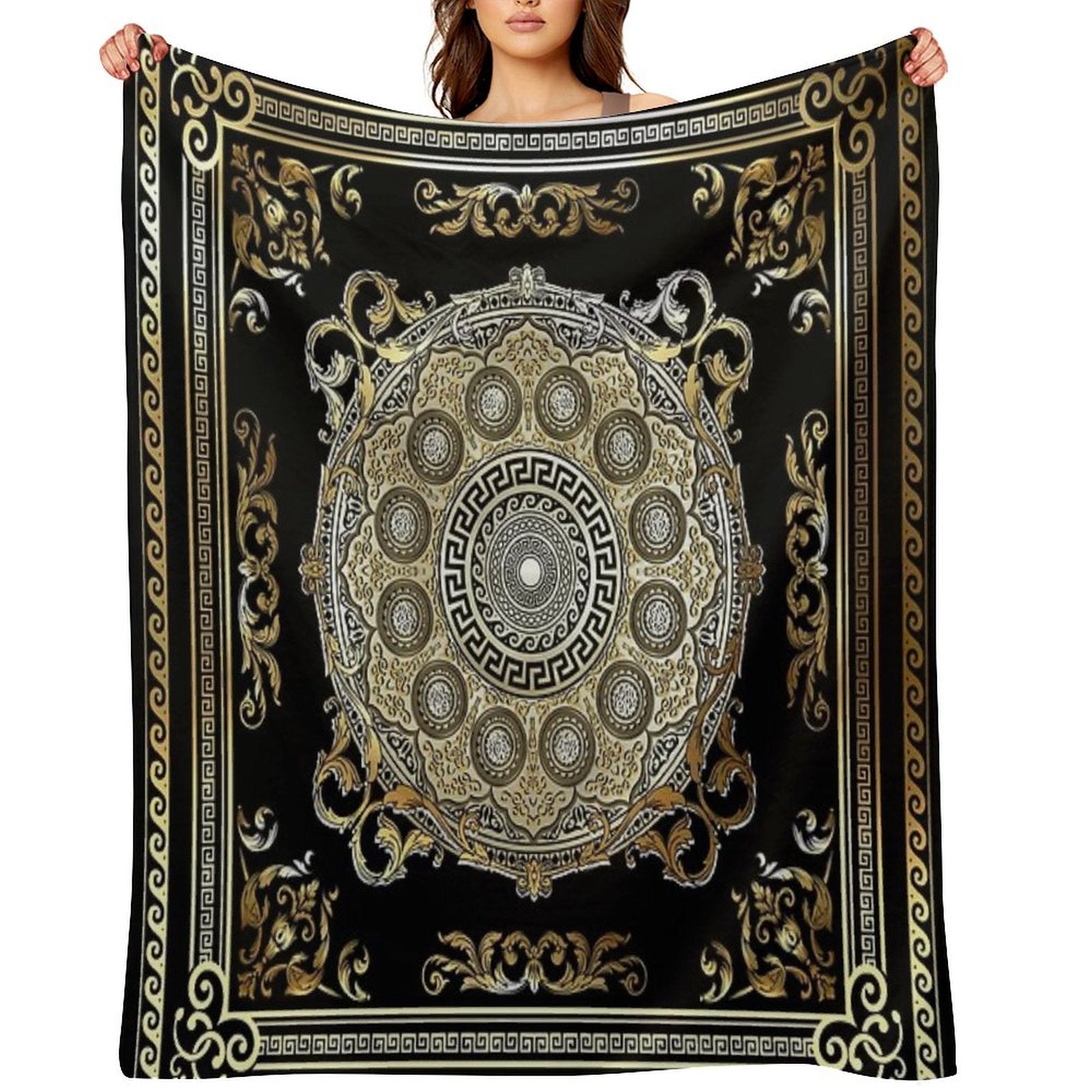Ornate Baroque Gold Pearl Black Waves Greek Meander Easy Care Throw Blanket