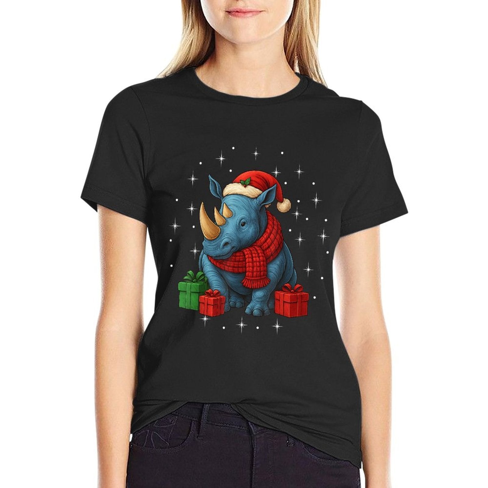 Funny Rhino Christmas PJ Pajama Men Women PJS for Family  High-quality Stitching T-Shirt