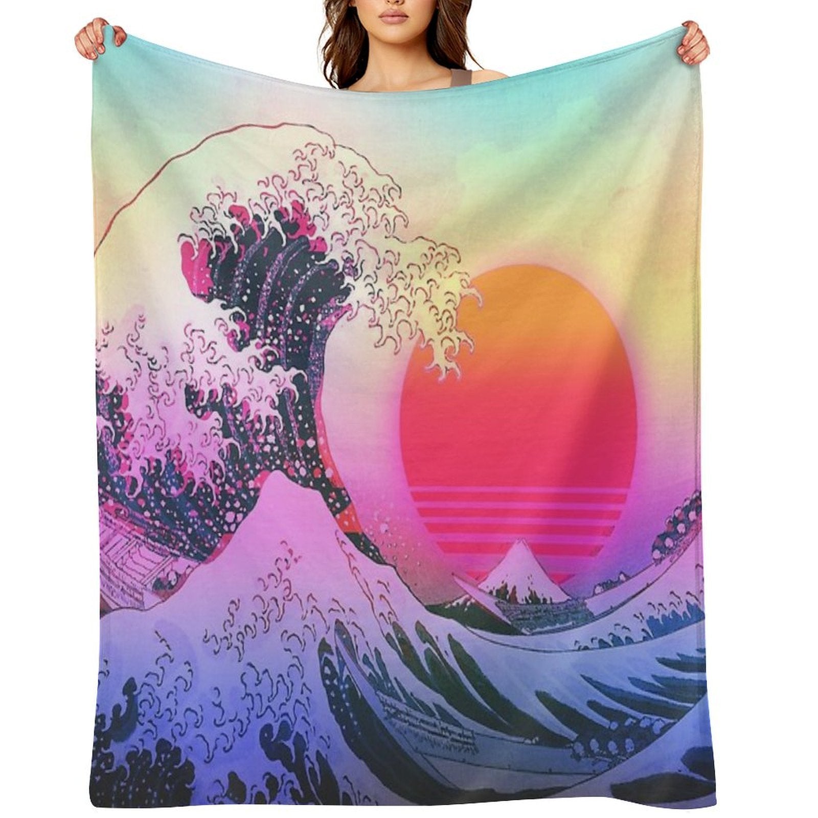 Great Wave Off Kanagawa Vaporwave Retro Aesthetic Travel-friendly Throw Blanket