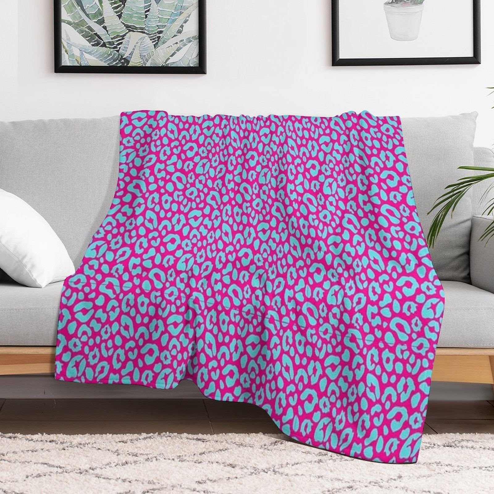 Leopard Print Pink on Turquoise Pattern Travel-friendly Throw Blanket