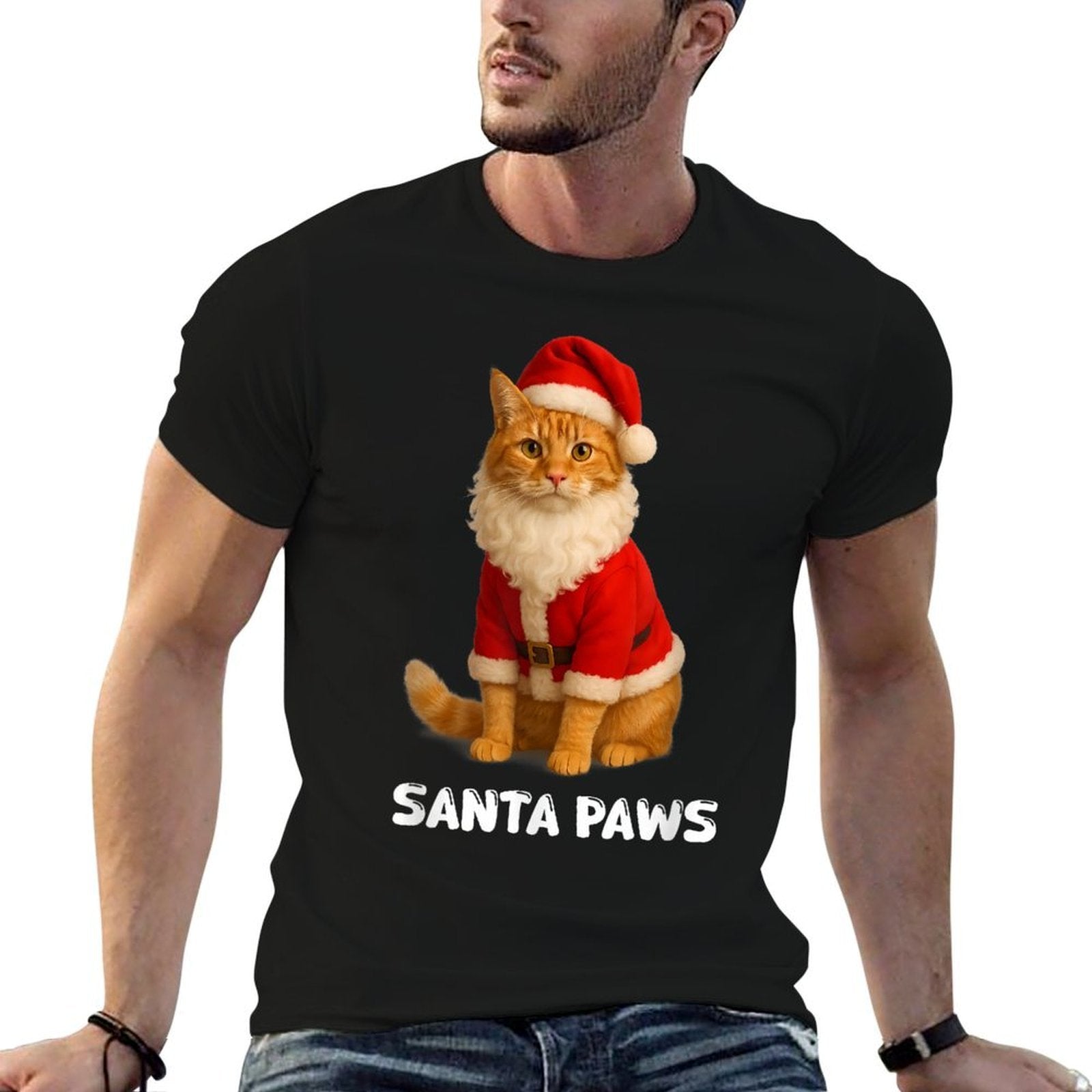 Santa Paws Funny Orange Tabby Cat Christmas Holiday  Lightweight T-Shirt