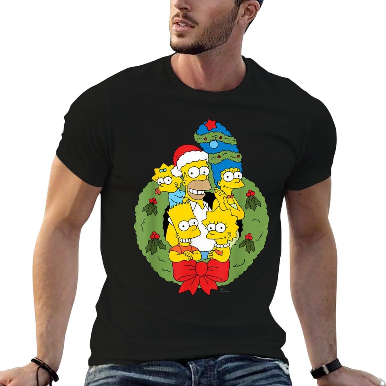 The Simpsons Unisex - Holiday Family Christmas Wreath - Black - Small -  Durable T-Shirt