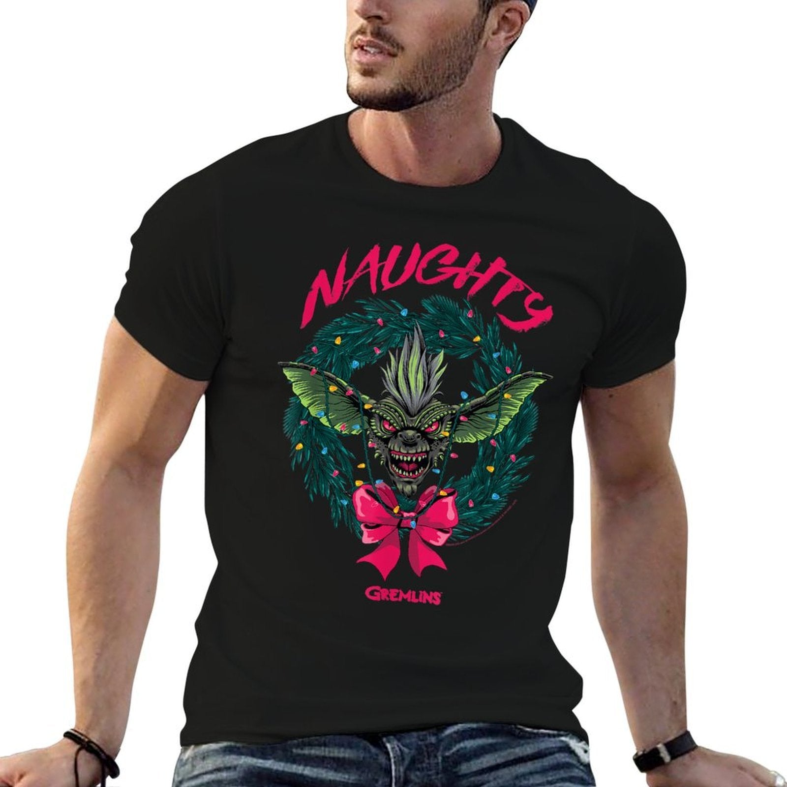 Gremlins Naughty Gremlin Wreath Retro Holiday Movie  Easy-care T-Shirt