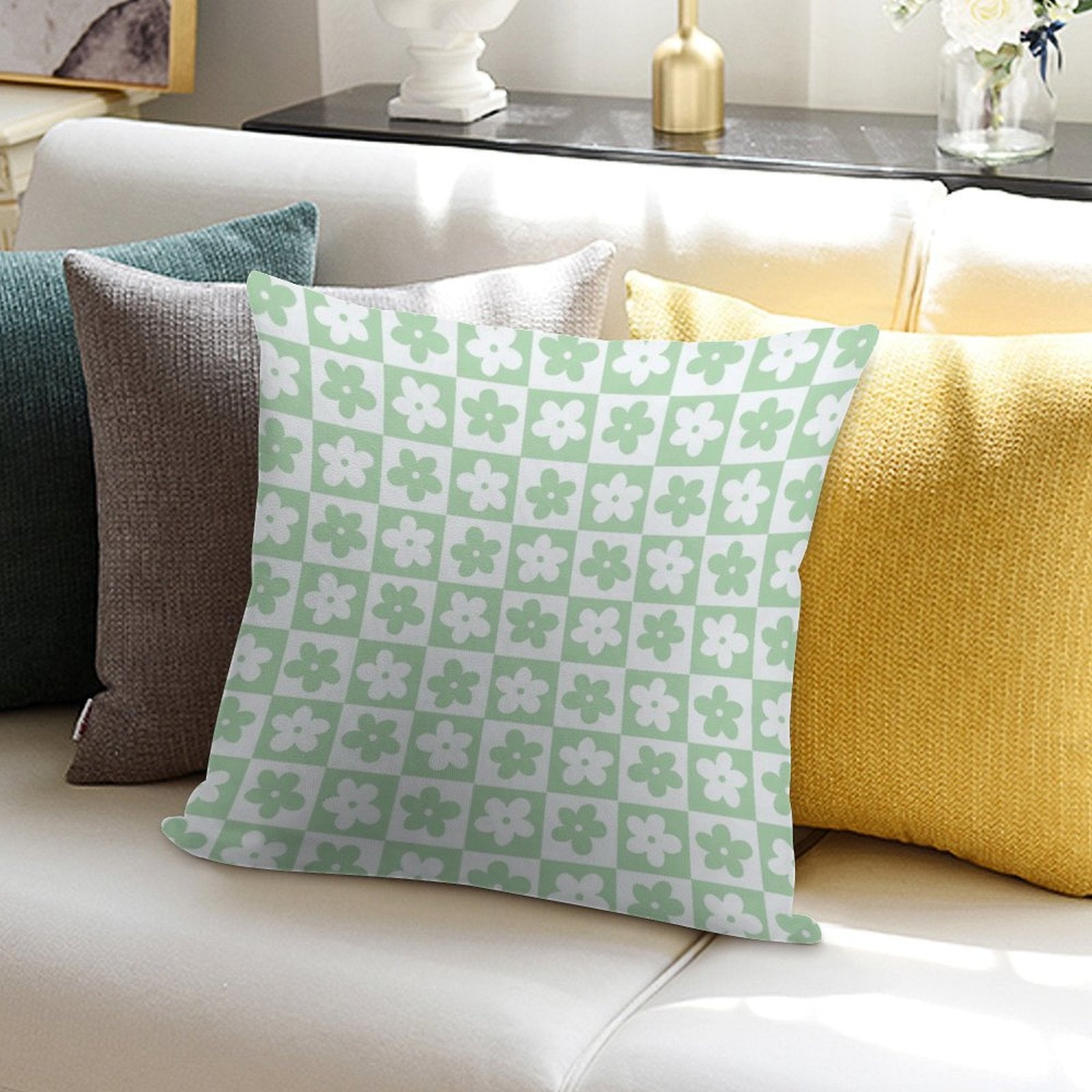 Light Pastel Green And White Checkered Squares with Flowers Soft Short Plush Fabric Throw Pillow