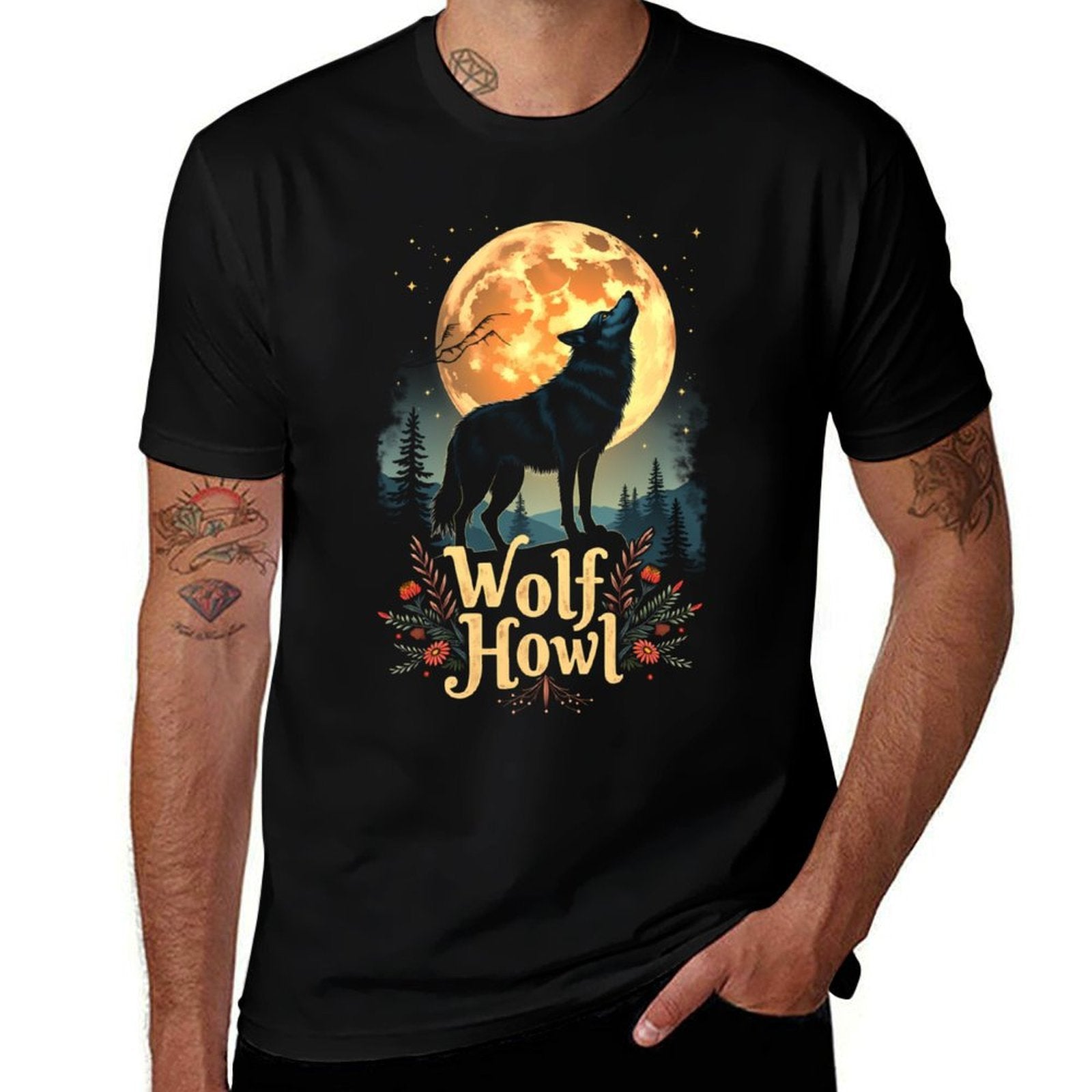 Wolf Howl Moon Graphic - Forest Animals Men’s Women’s  Ribbed Collar T-Shirt