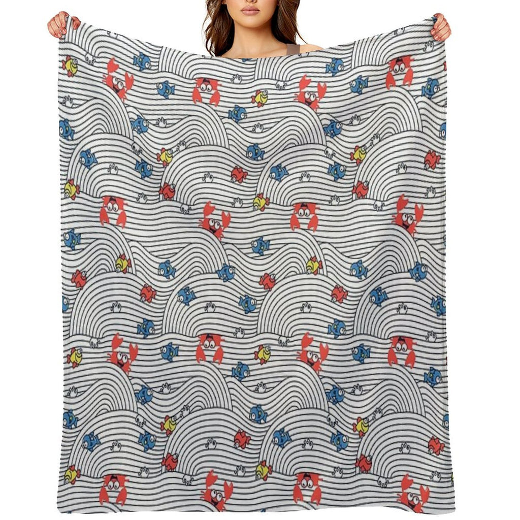 Grafic Waves from Stripes with Fish And Crabs. Sea Seamless Pattern. Premium Throw Blanket