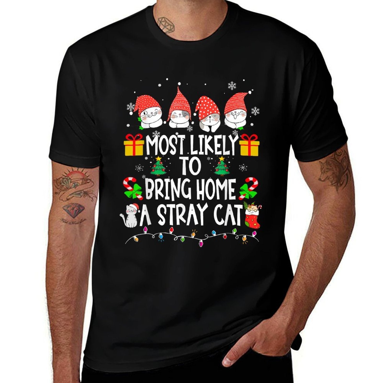 Most Likely To Bring Home A Stray Cat Christmas Family Funny  Ribbed Collar T-Shirt