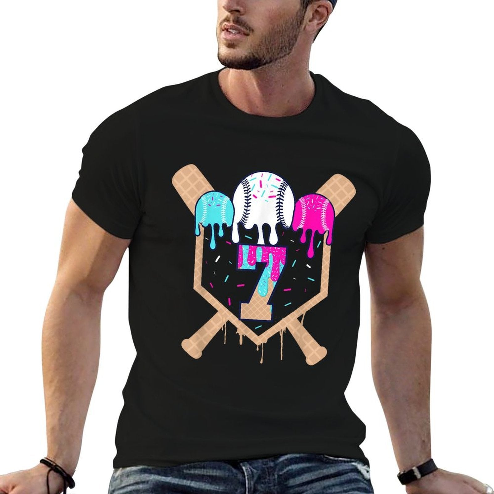 Baseball 7 Year Old Ice Cream Drip 7th Birthday Boy Number 7  Vintage-inspired T-Shirt