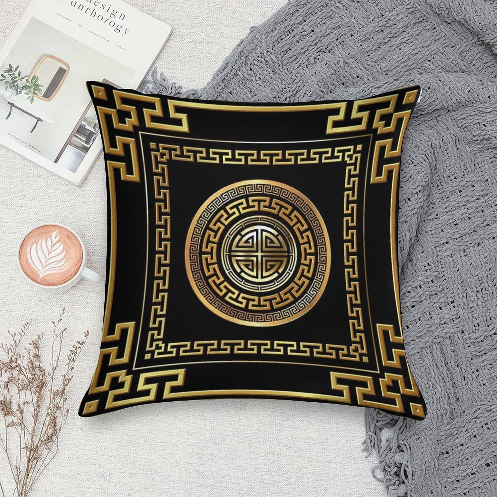 Greek Key Meander Black Gold Large Soft Fade-Resistant Throw Pillow