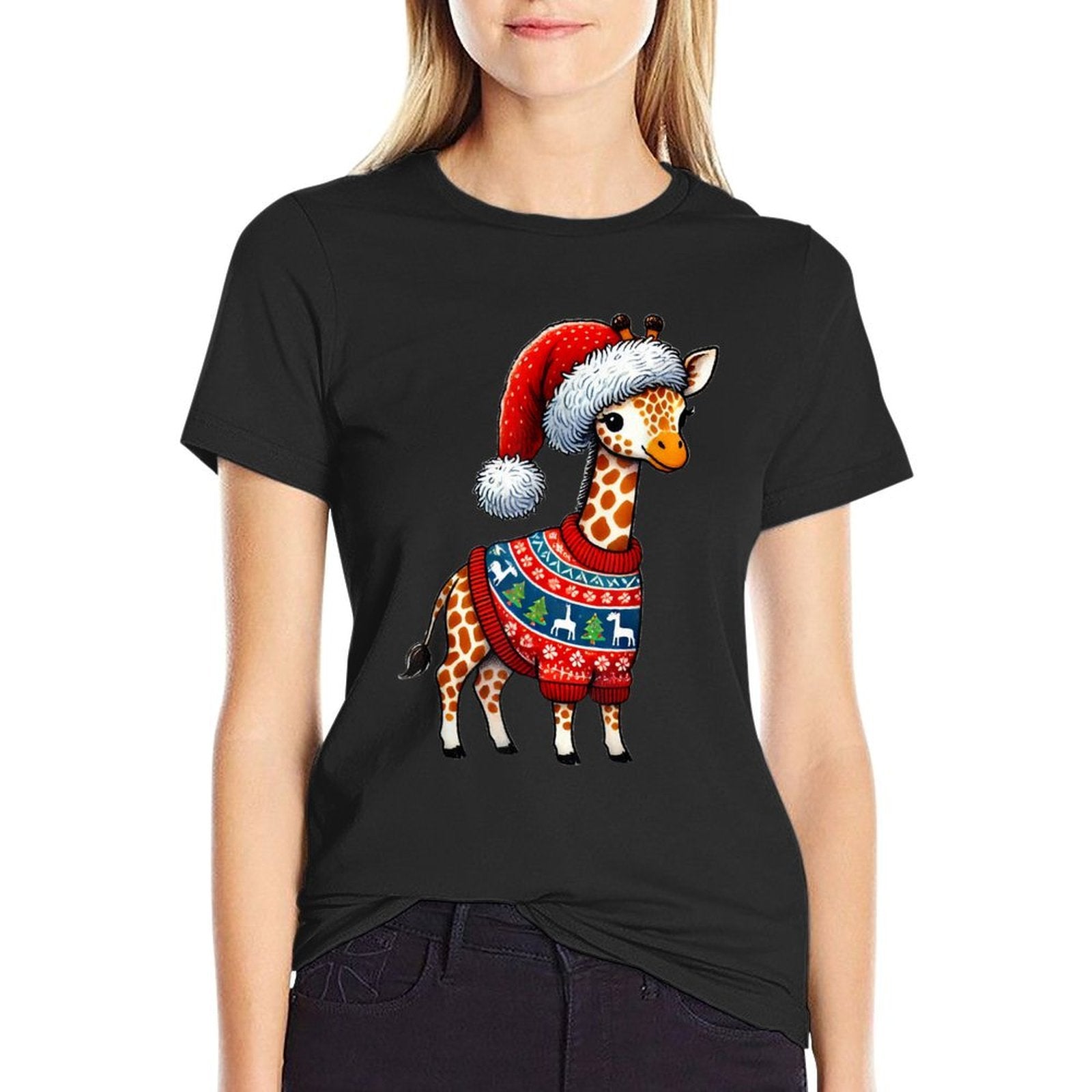 Giraffe Ugly Sweater Santa Hat Christmas  Graphic-printed T-Shirt