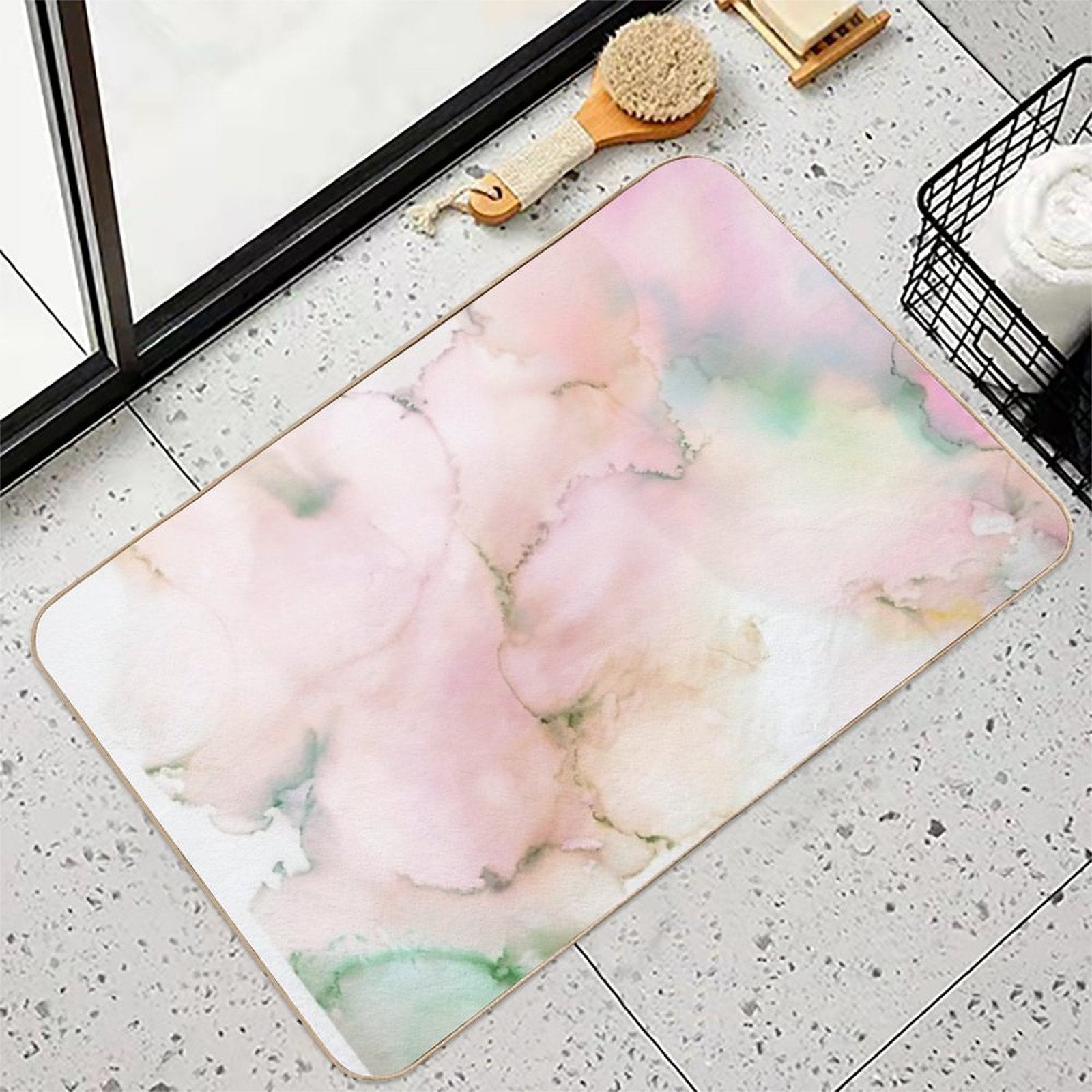 Abstract Ink Green Pink Tan Print by Zouzounio Art  Stain-Proof Bath Mat