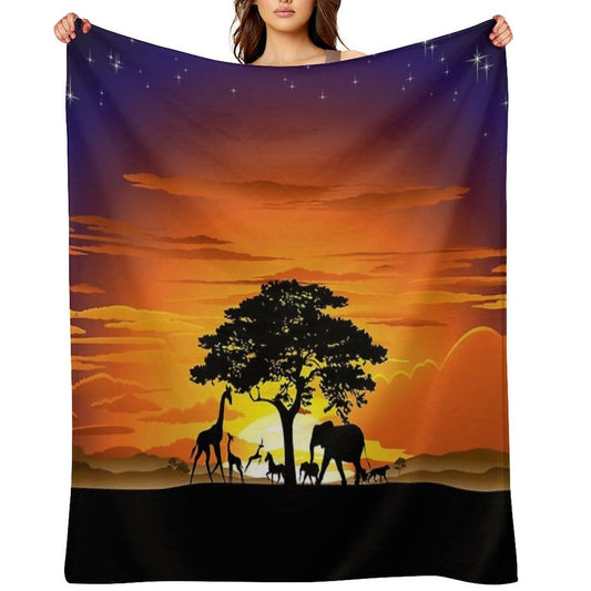 Wild Animals on African Savanna Sunset Machine-washable Throw Blanket