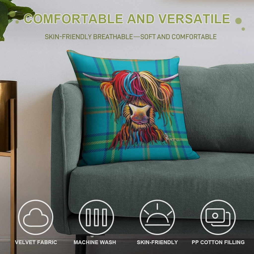 SCoTTiSH HiGHLaND CoW ' TaRTaN NeLLY B ' by SHiRLeY MacARTHuR Soft Fade-Resistant Throw Pillow