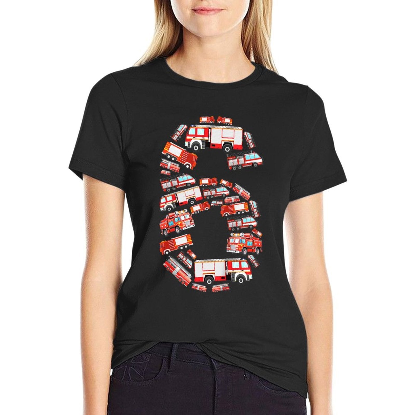 Kids Fire Truck, 6th Birthday Boy, 6 Year Old Toddler Firefighter  Rolled Sleeves T-Shirt