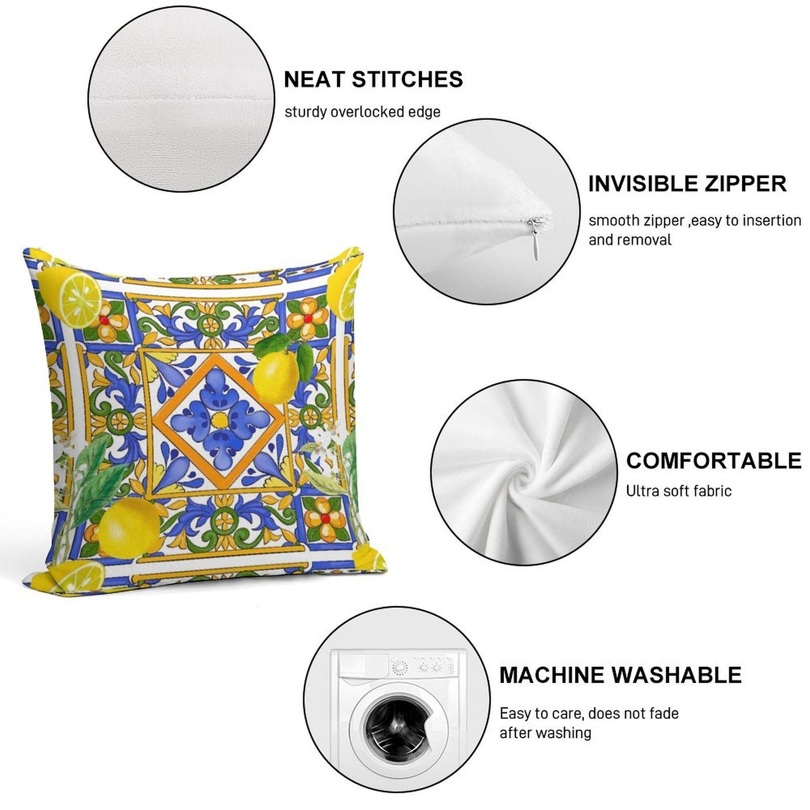 Summer ,Sicilian Tiles ,citrus,oranges,majolica,lemons ,Mediterranean Soft Easy Maintenance Throw Pillow