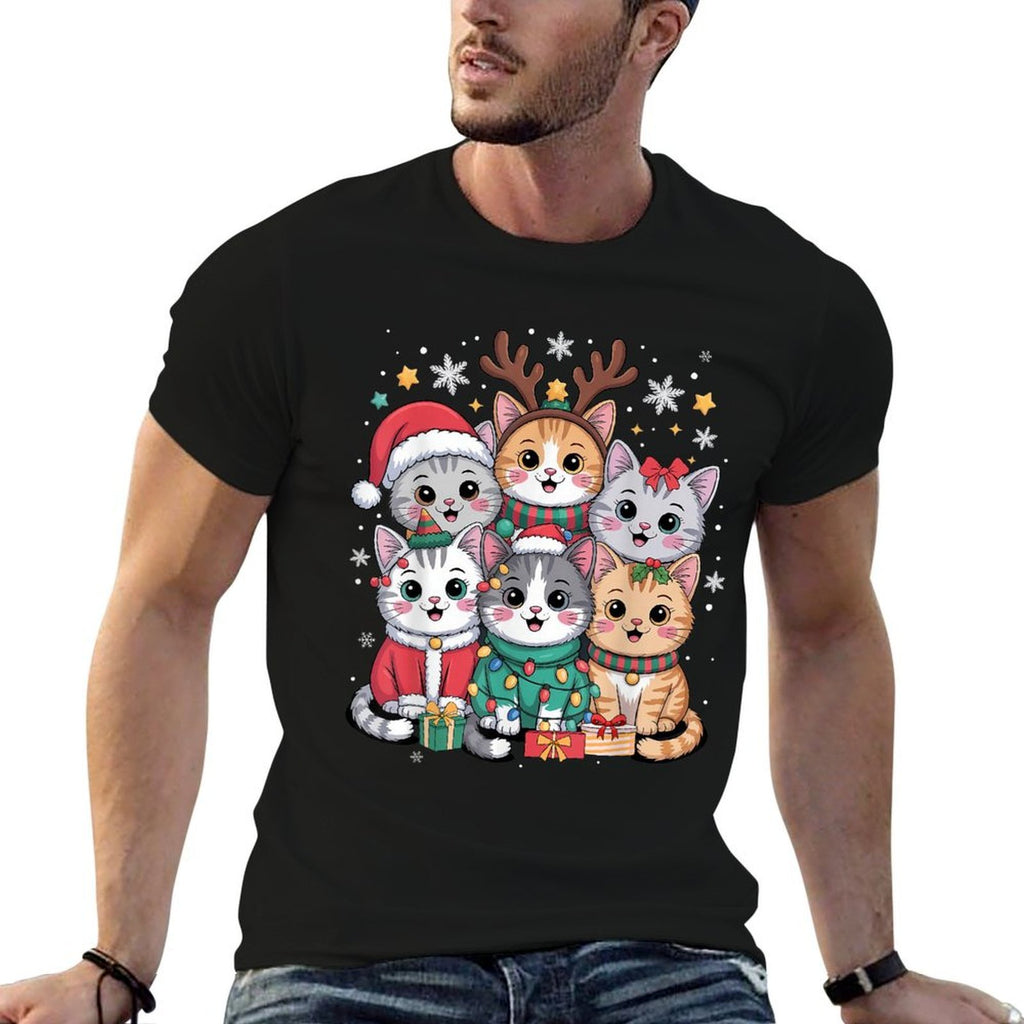 Cat Christmas Men Women Kids Santa Reindeer Kitten Cat Xmas  Rolled Sleeves T-Shirt