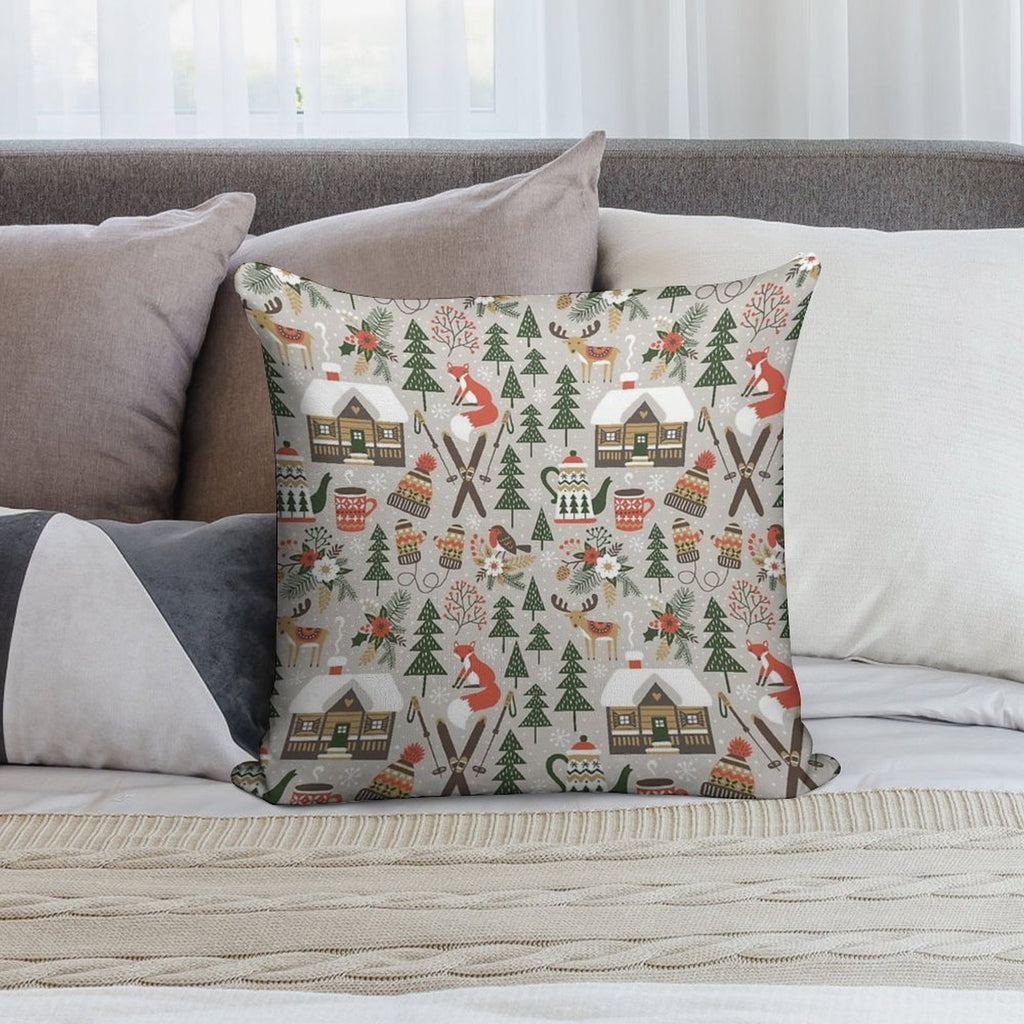 Cozy Cabin  Light Grey Soft High-Density Material Throw Pillow