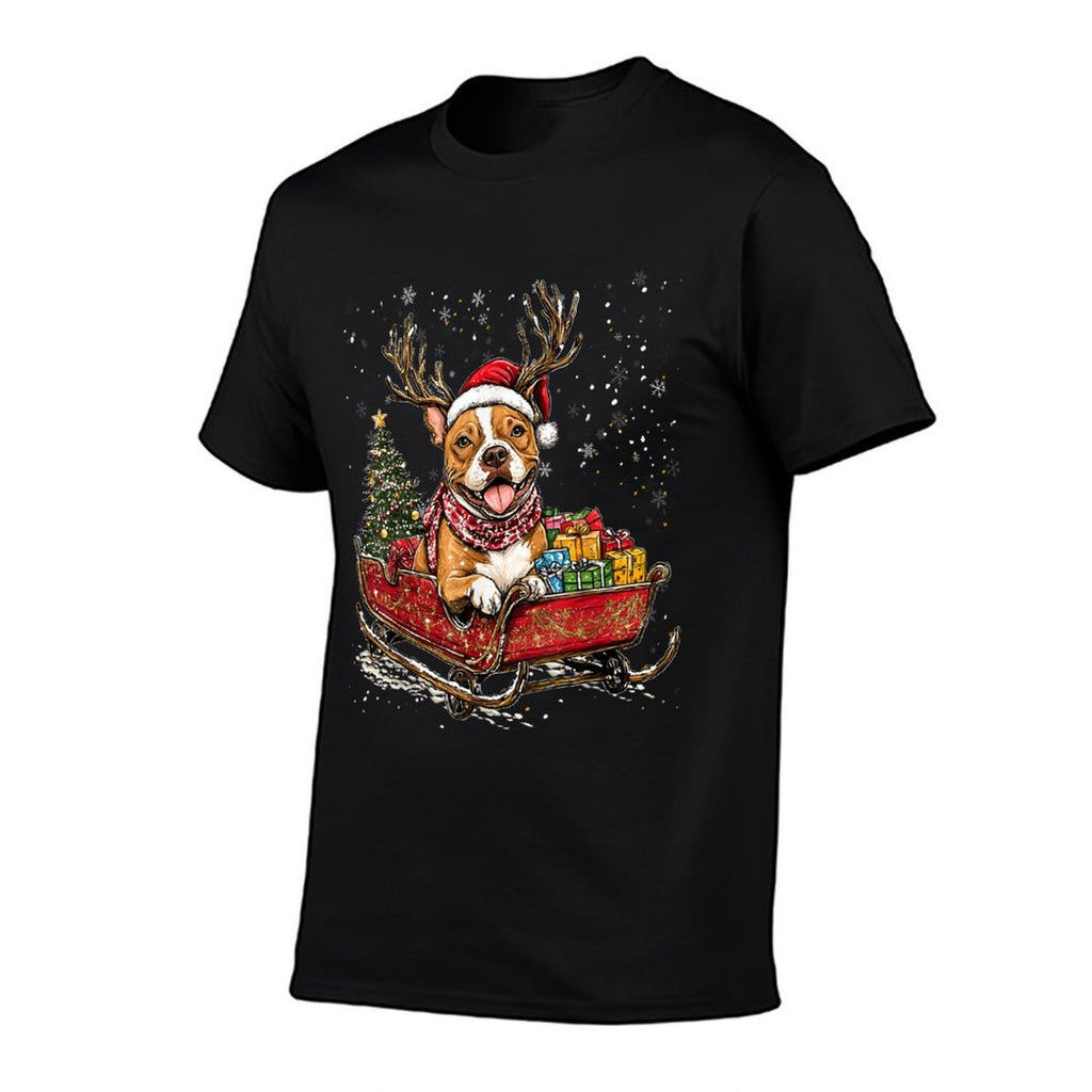Santa Pitbull Reindeer Light Christmas  Trendy Pattern T-Shirt