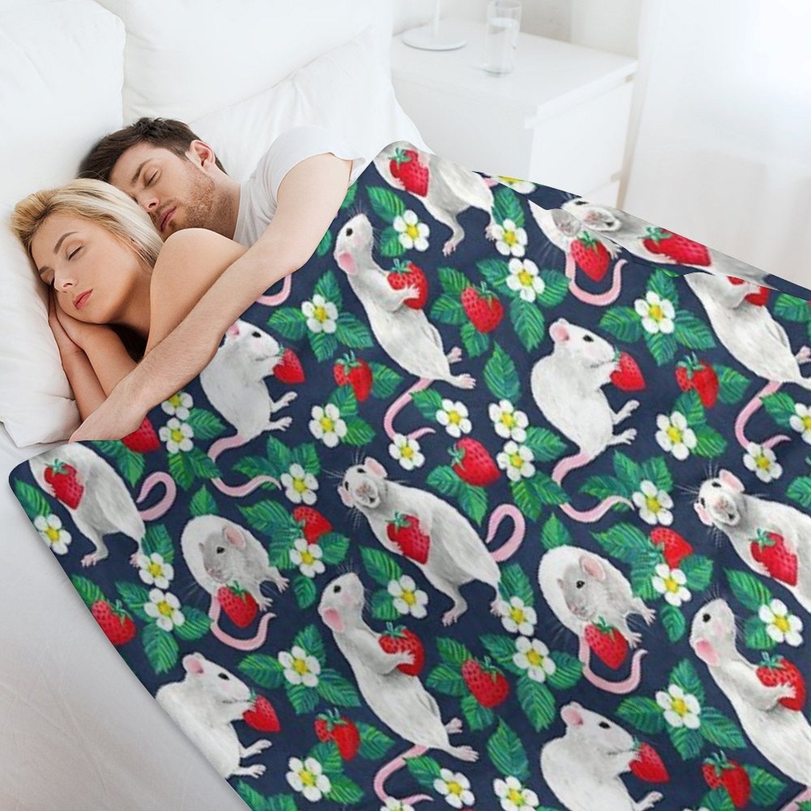 Rats Love Strawberries on Navy Blue Eco-conscious Throw Blanket