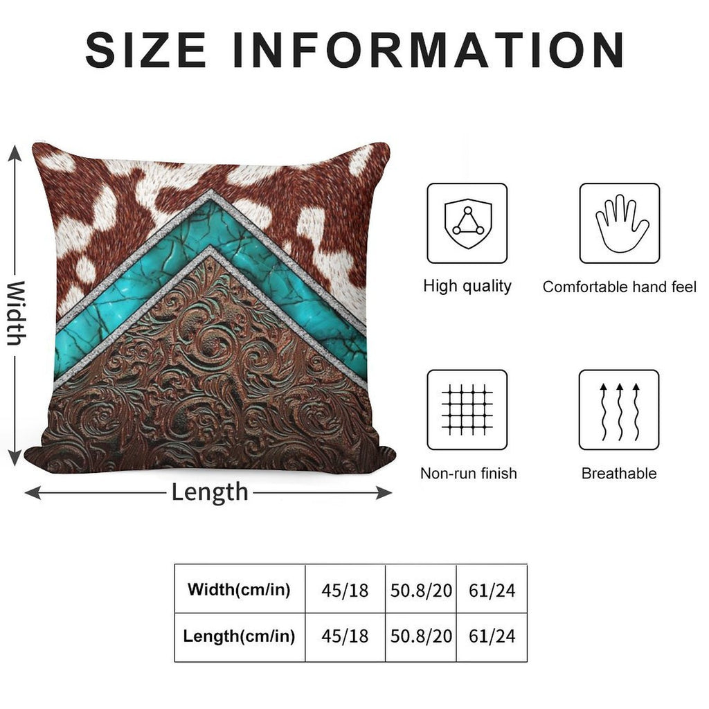 Western Cowgirl Pattern Cowhide Turquoise And Tooled Leather Soft Skin-Friendly Throw Pillow