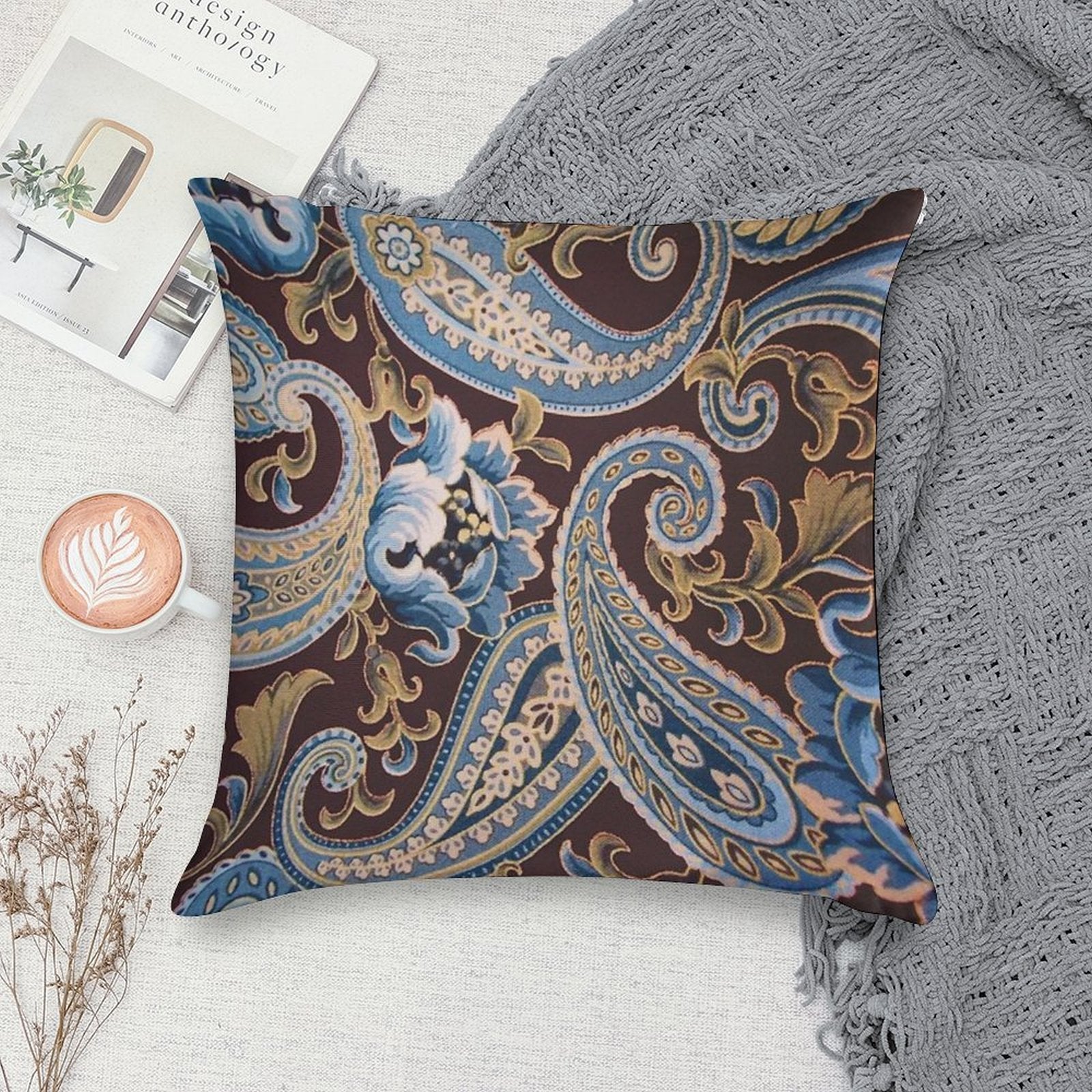 Blue Brown Vintage Paisley Soft Style Accent Throw Pillow
