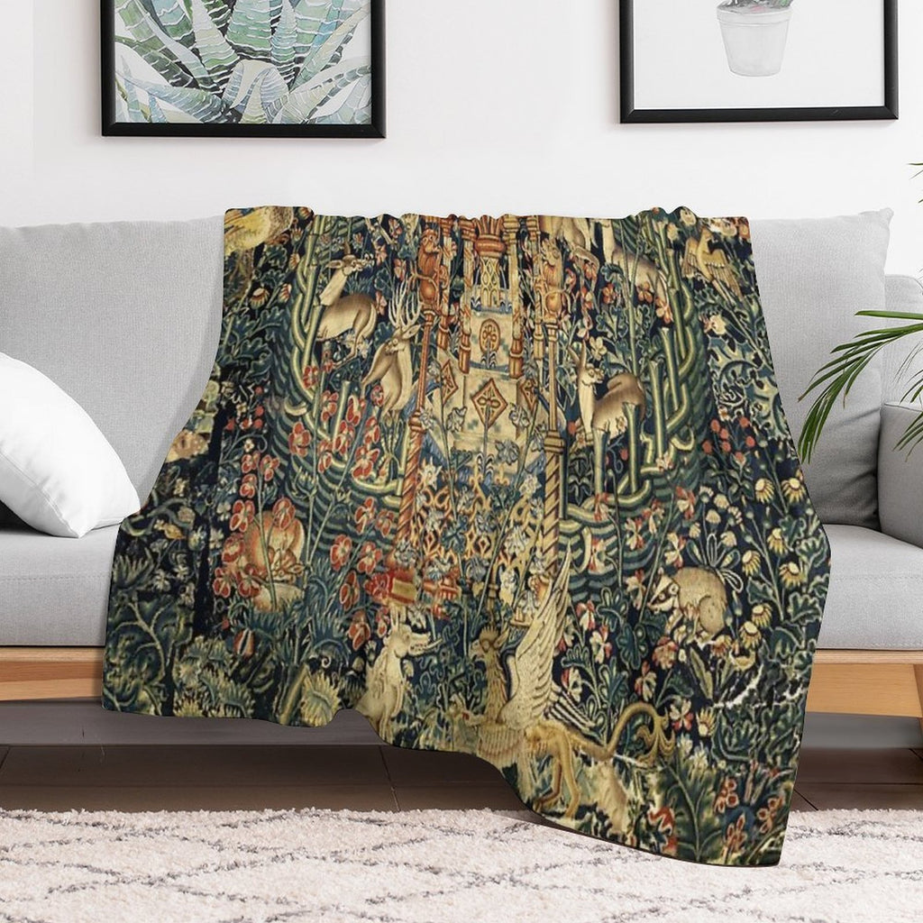 SOURCE OF LIFE Verdure with Forest Animals in Private Garden, Floral Medieval Tapesty Shrink-resistant Throw Blanket