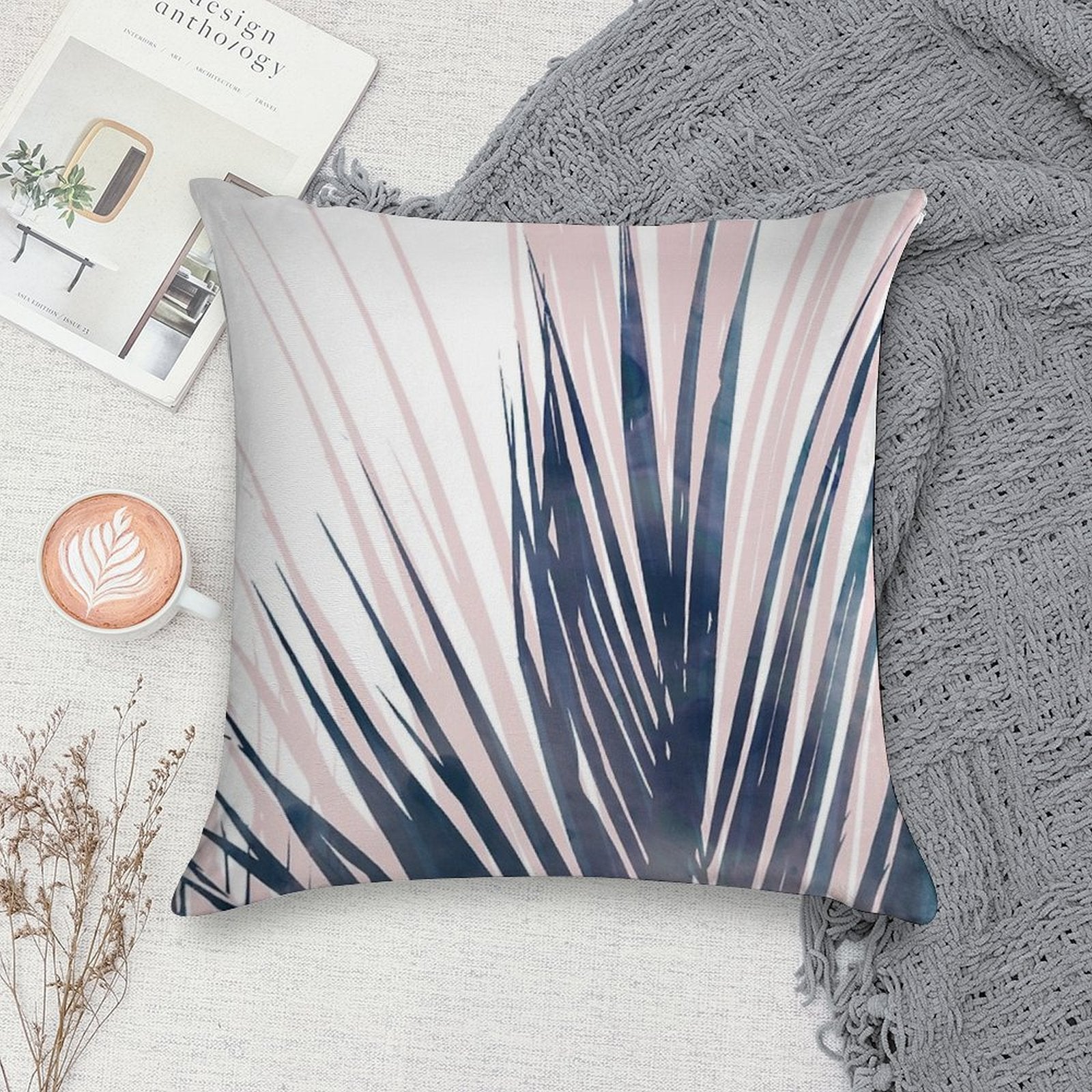 Contemporary Palm Leaf in Navy Blue And Blush Pink Soft Washable Throw Pillow