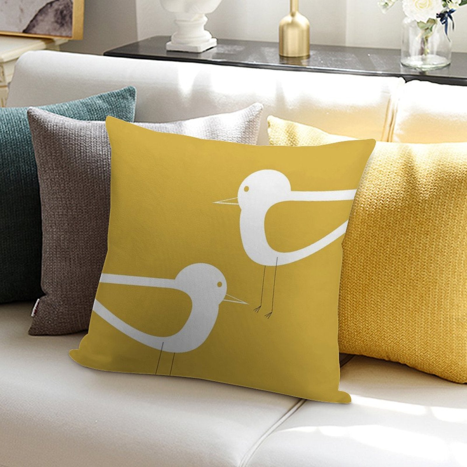 Shorebird Pair in Light Mustard Yellow And White. Minimalist. Clean. Cute. Coastal Soft Multiple Sizes Throw Pillow