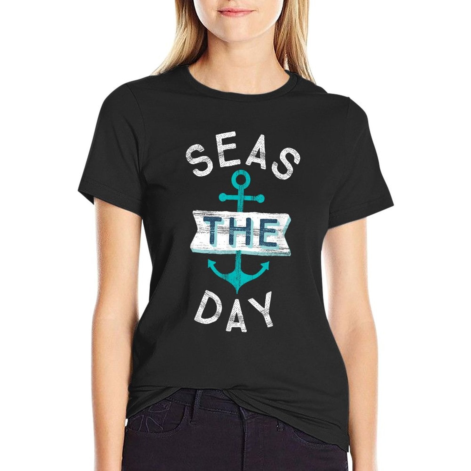 Funny Cruise Saying Seas Day Teal Nautical Anchor Gift  Tagless Design T-Shirt