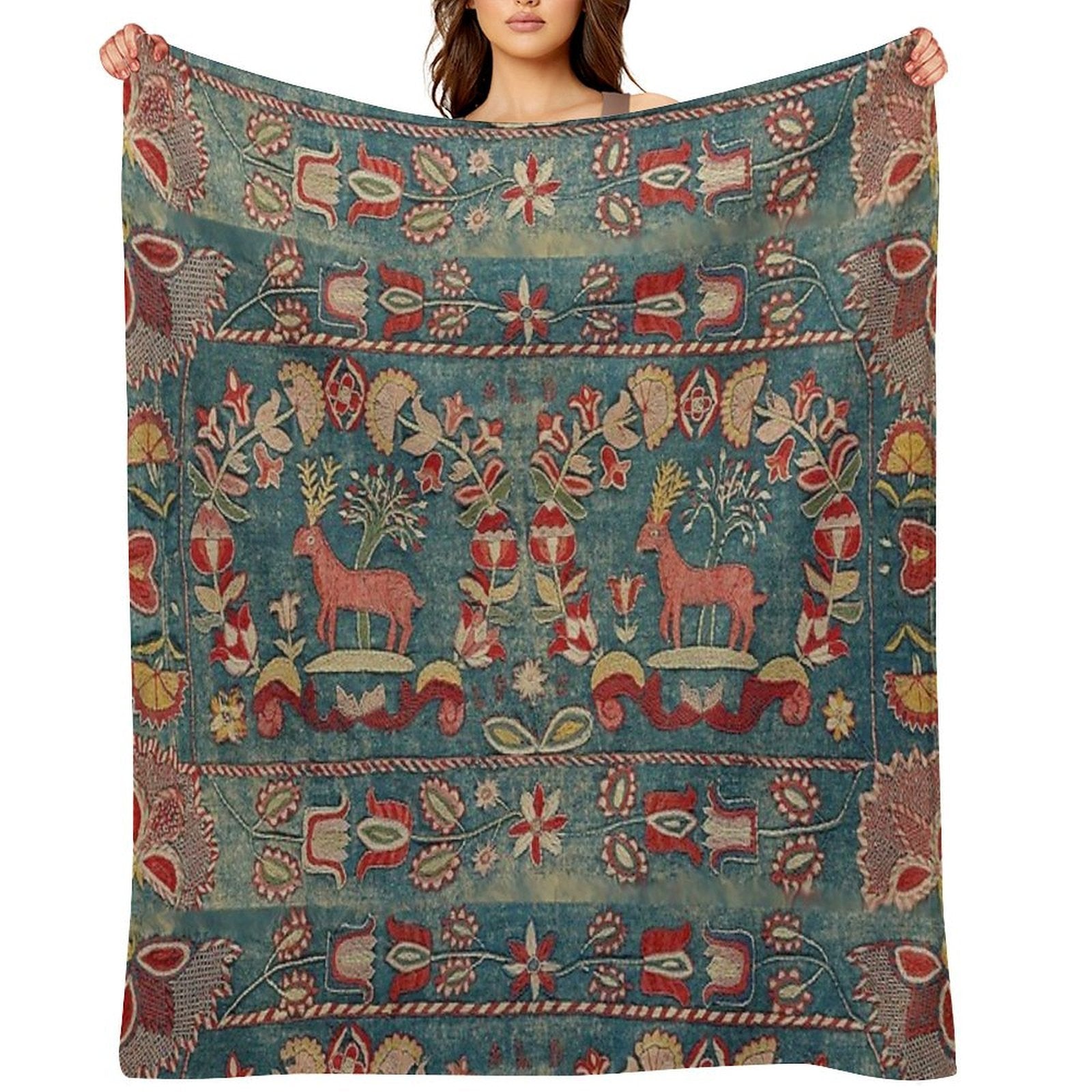 ANTIQUE  RED BLUE SWEDISH TAPESTRY WITH DEERS AND FLOWERS All-season Throw Blanket
