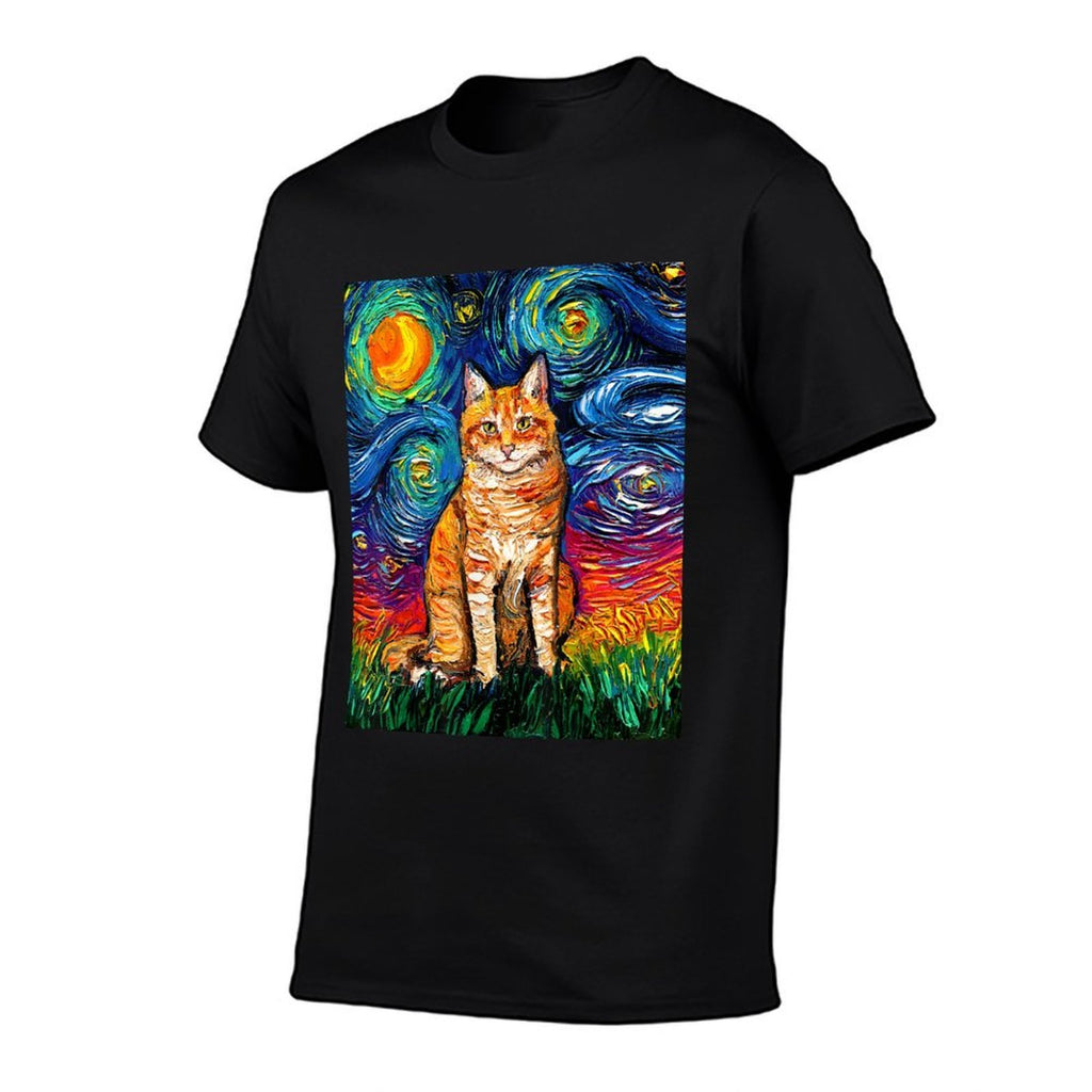 Orange Tabby Tiger Cat Starry Night Colorful Art by Aja  Lightweight T-Shirt