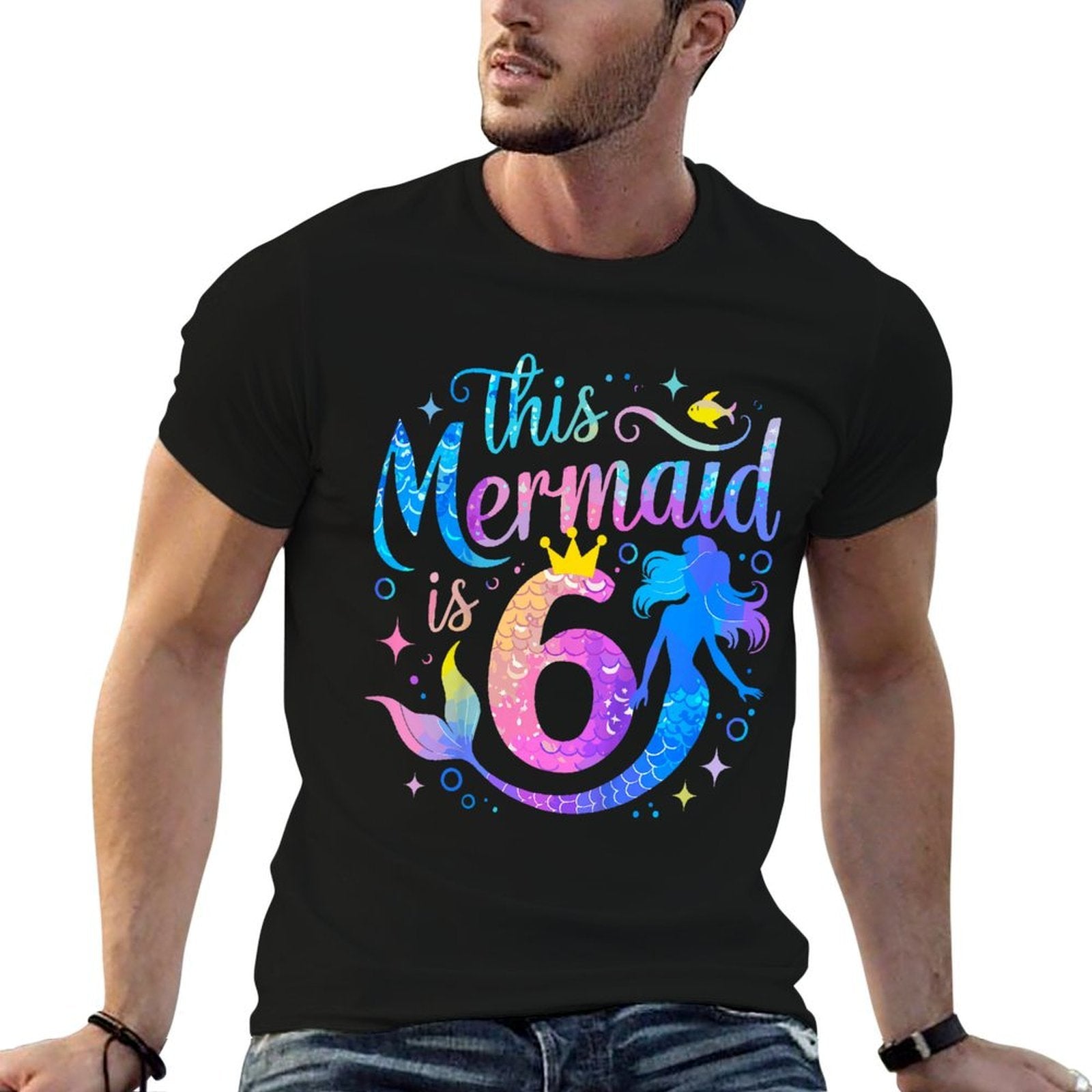 Kids 6 Year Old This Mermaid Is 6th Birthday Girl Daughte  Ribbed Collar T-Shirt