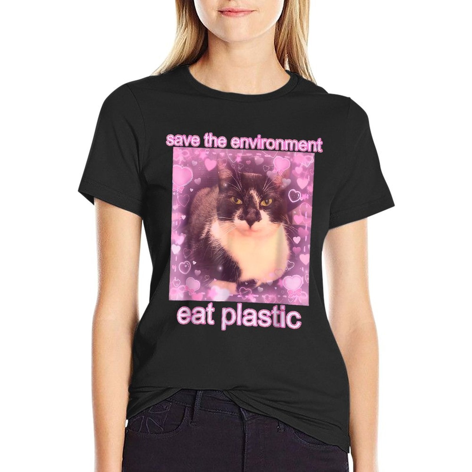 Save The Environment Eat Plastic Funny Cute Cat Meme  Affordable Price T-Shirt