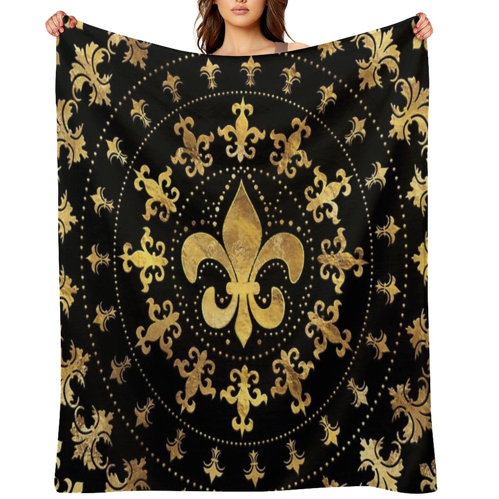 Fleur-de-lis - Circular Ornament - Gold And Black Multi-functional Throw Blanket