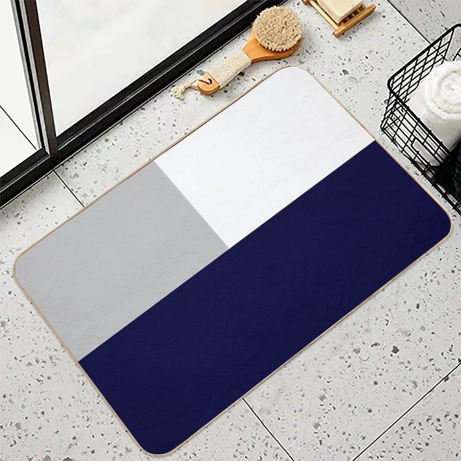 Tricolor Squares Navy Blue Silver Gray And White  Repositionable Bath Mat