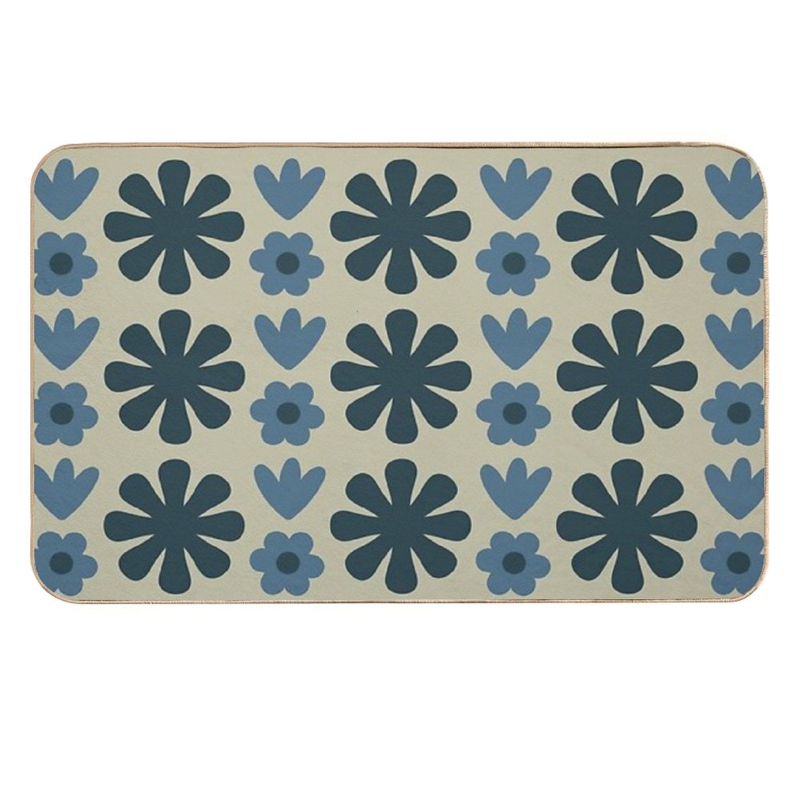 Scandi Floral Grid Retro Pattern in Vintage Blue And Beige  Absorbent Bath Mat