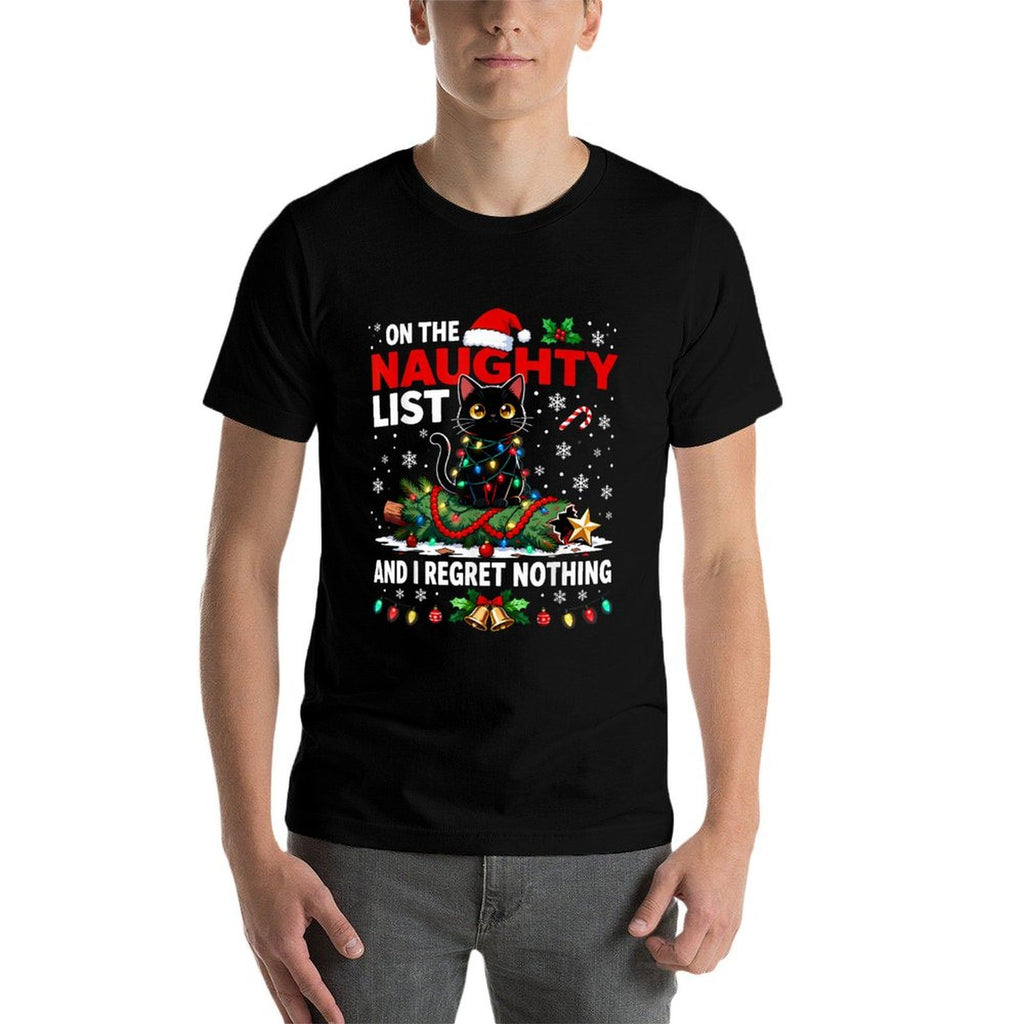 I Regret Nothing On The Naughty List Christmas Black Cat  Ribbed Collar T-Shirt