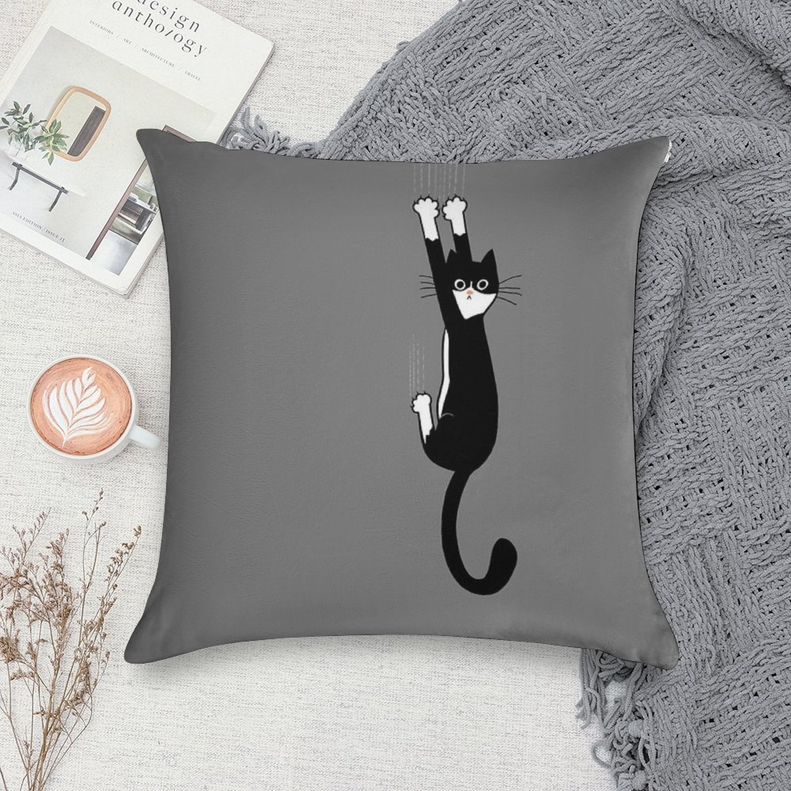 Black And White Cat Hanging On  Funny Tuxedo Cat Soft Luxury Feel Throw Pillow