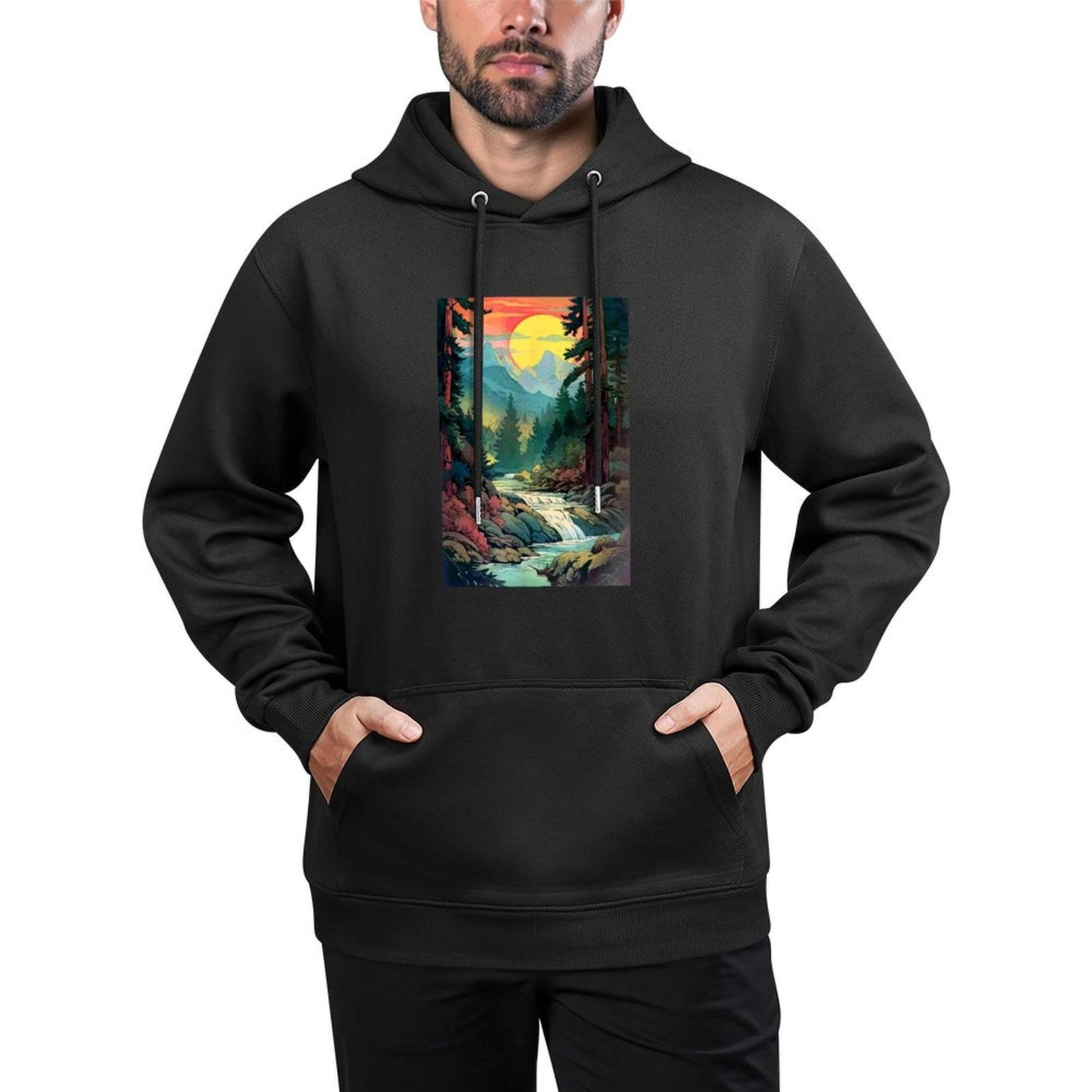 Mountains Trees River Waterfall Woodsy Nature Scene Outdoors Customizable Surface Hoodie