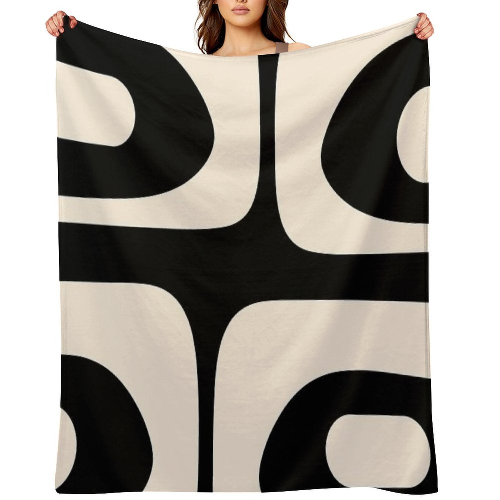 Retro Piquet Mid Century Modern Abstract Pattern 2 in Black And Almond Cream Quick-dry Throw Blanket