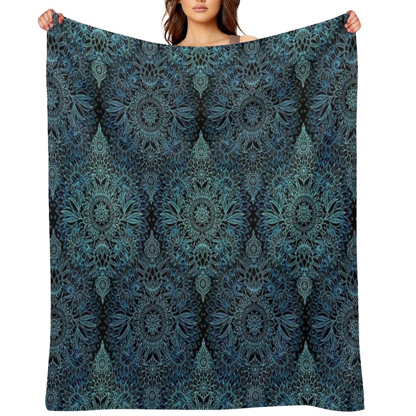 Black, Teal & Aqua Protea Doodle Pattern Multi-functional Throw Blanket