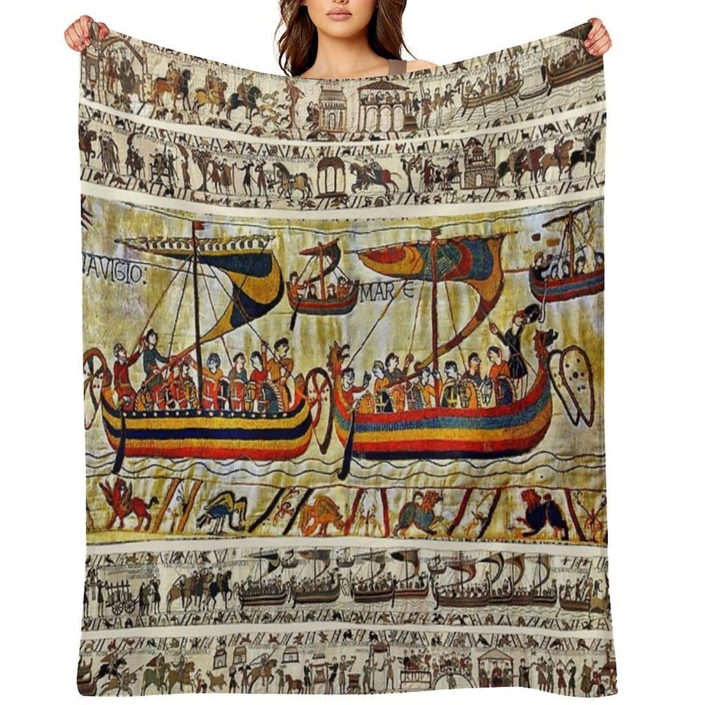 THE BAYEUX TAPESTRY ,VIKING SHIPS Sustainable Throw Blanket