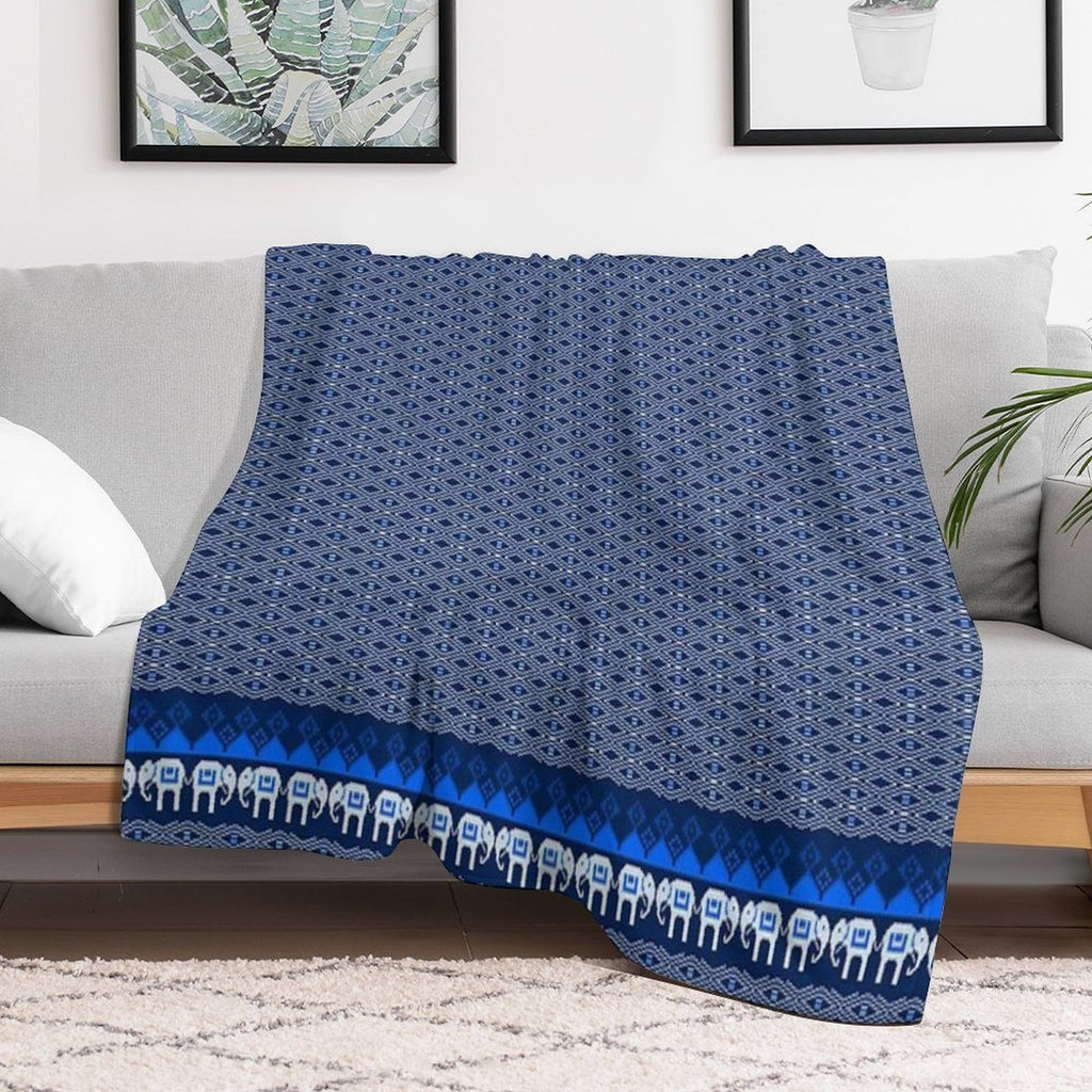 Thai Silk  Blue White Traditional Thai Silk Pattern  Traditional Thai Elephant Design Travel-friendly Throw Blanket