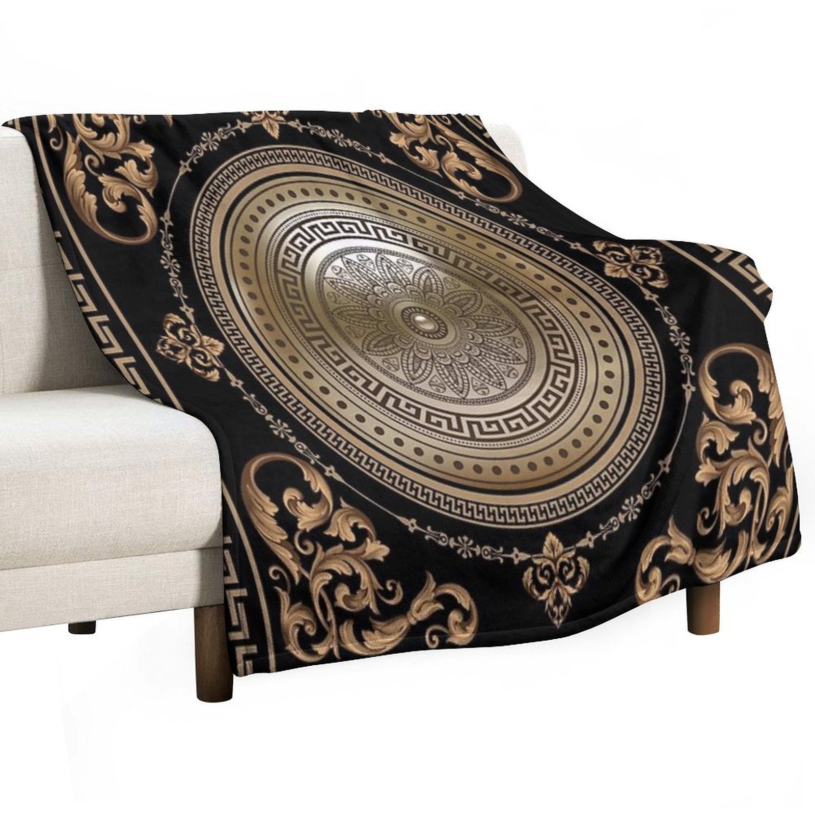 Baroque Black & Bronze Medallion Greek Meander Wrinkle-free Throw Blanket