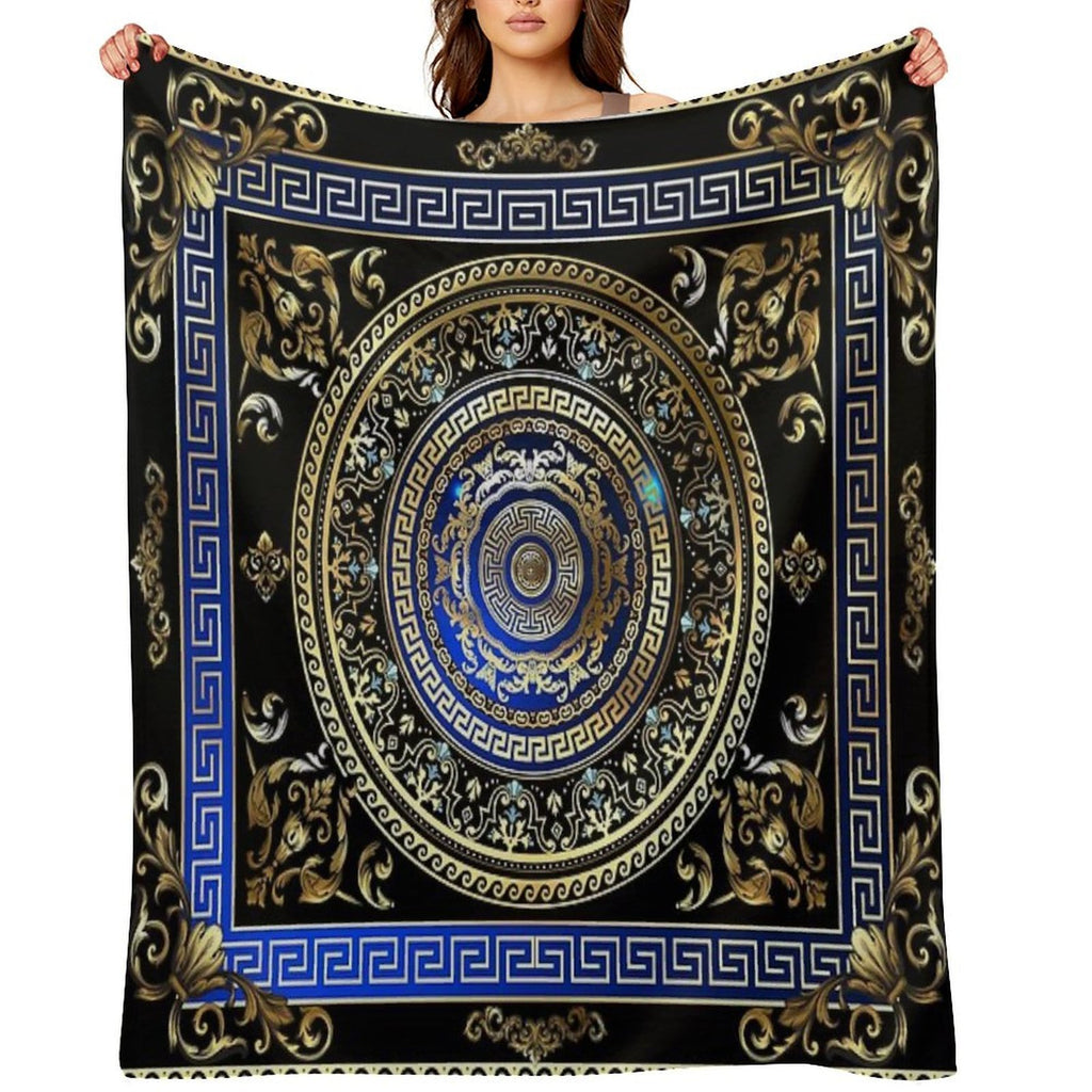 Greek Key Meander Black Blue Gold Ornate Medallion Easy Care Throw Blanket